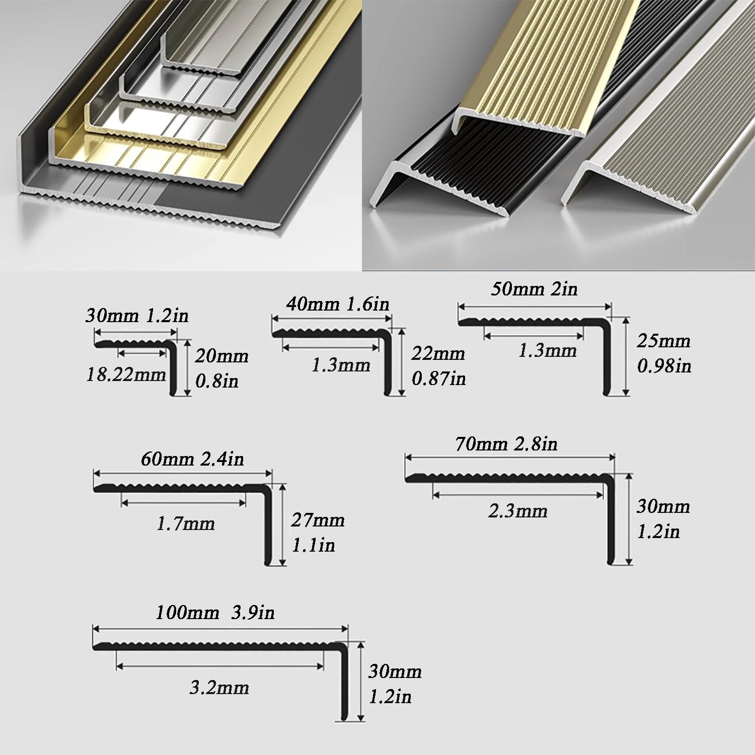 Borde de perfil de aluminio antideslizante para escalones de interior/exterior, protector en forma de L, plateado, 70 mm, banda de rodadura de seguridad duradera para escaleras