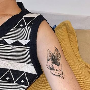 Small Cute Temporary Tattoo Sticker Set of 2 - Sketch Black Dark Angel Designs for Hand Neck Face Wrist, Waterproof Fake Body Art, Simple & Modern Unisex Skin Decals