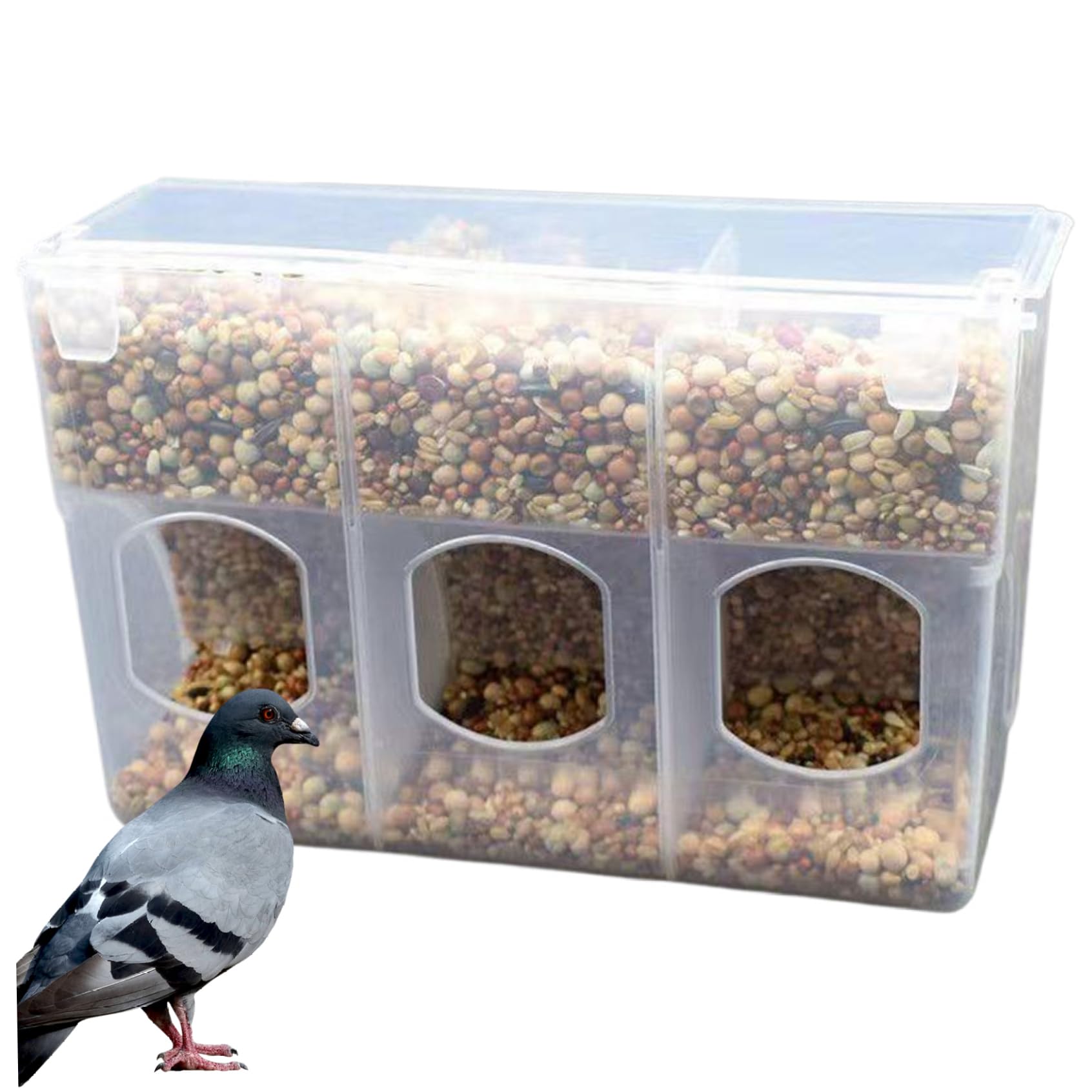Apprelady Pigeon Feeder, 3 Holes Quail Feeder with Compartment and Dustproof Lid, Hanging Food Feeding Station for Cage Accessories.