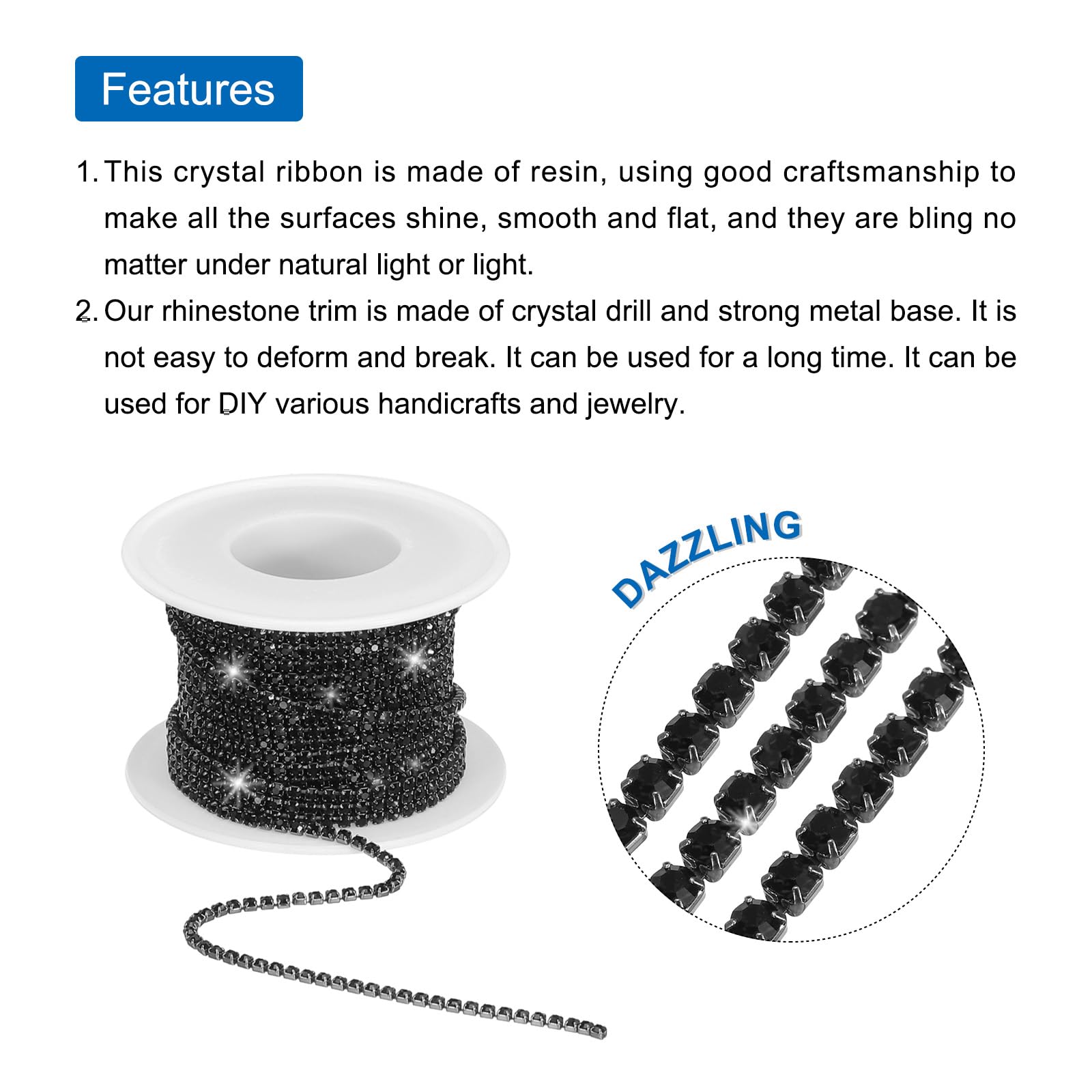 QUARKZMAN 10 Iarde 2mm Cristallo Strass Diamante Chiudi Catena Rifinitura Artiglio Coppa Catena per Cucito, Artigianato, Fai-da-Te Gioielli Matrimonio Decorazioni Nero Gemme Nero Base