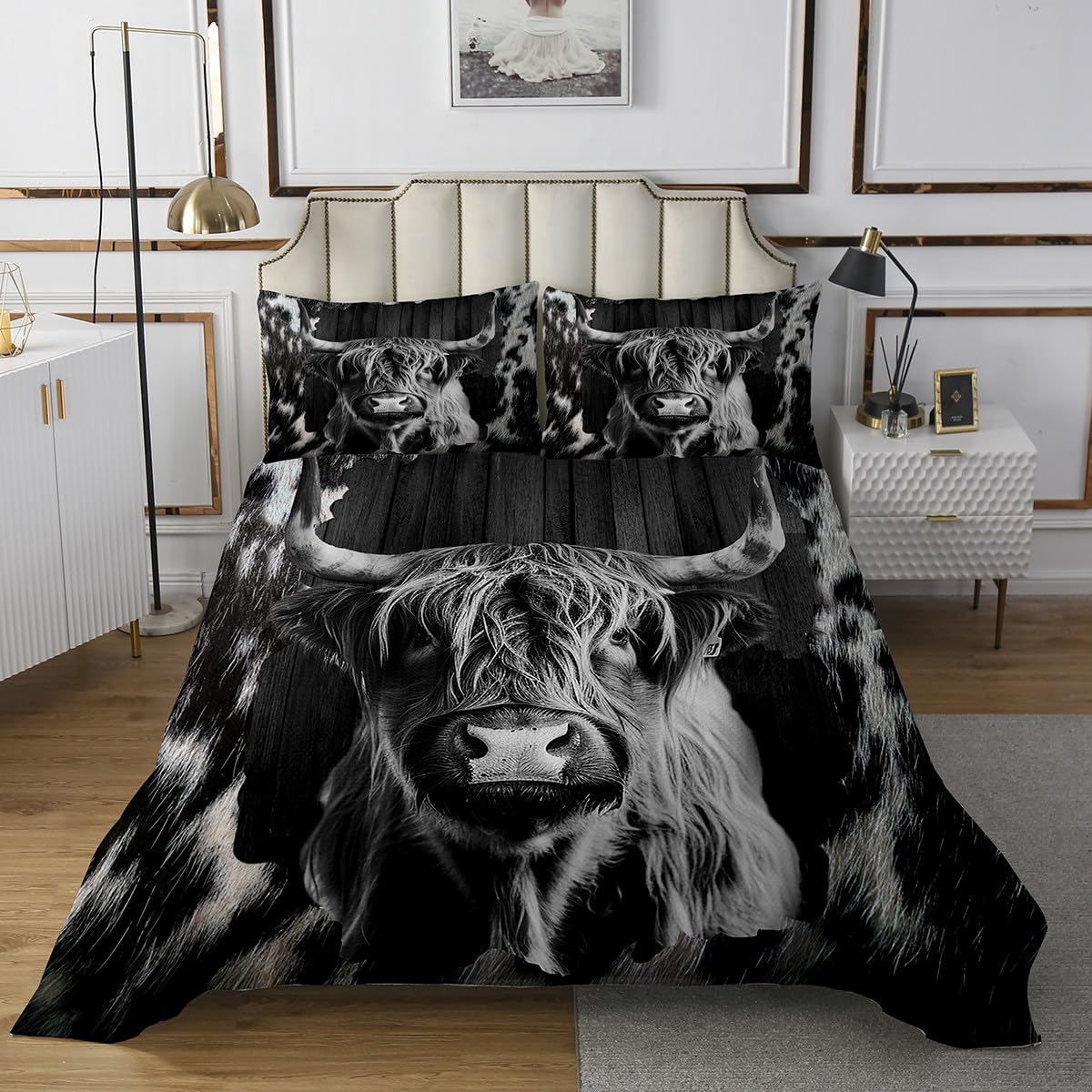 Feelyou Highland Cow Coverlet Set Cowhide Wooden Plank Highland Cattle Quilted Coverlet Bedspread for Kids Cattle Cow Fur Quilted Western Farm Animal Room Decor 3Pcs Queen Size