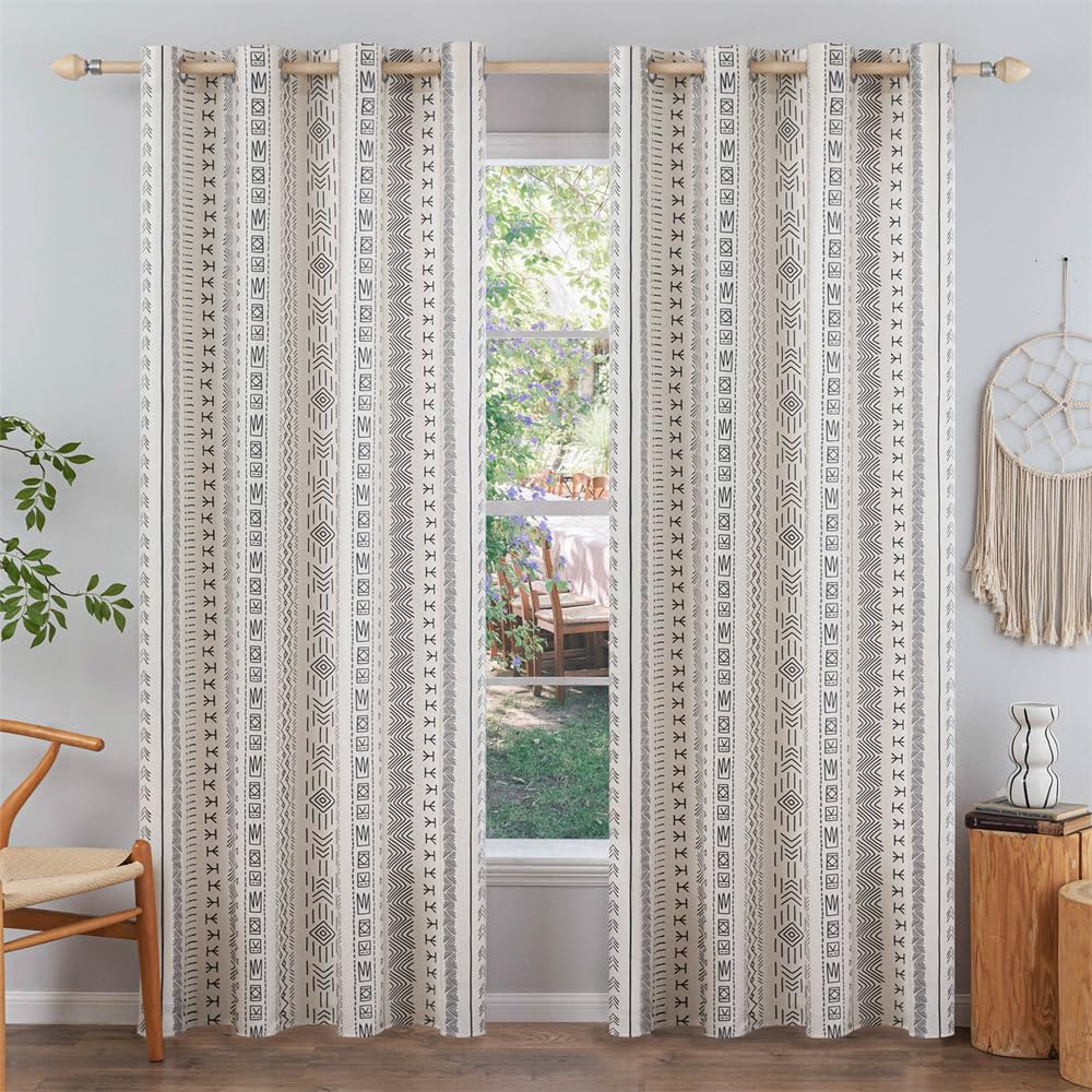 Hiseng Outdoor Vorhang Wetterfest Leinenoptik Bohemian-Stil Outdoorvorhänge mit Ösen Blickdicht Gardinen Sichtschutz für Balkon Pavillon Garten Terrasse Pergola (132x213cm/2 Stück,Geometrie)