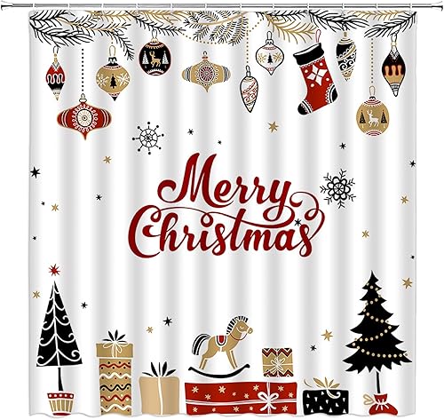 Cortina de ducha con diseño de árbol de Navidad, diseño de copos de nieve, juego de cortina de baño de tela con ganchos