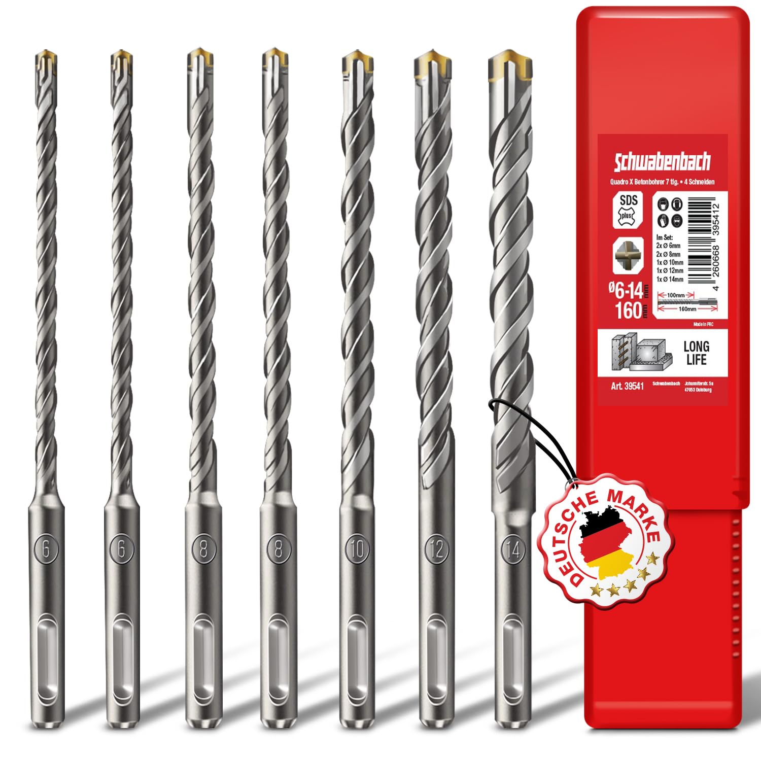 SCHWABENBACH® Juego de 7 Brocas SDS PLUS para Hormigón Ø 6 8 10 12 14 x 160 mm - Broca para Mampostería - Compatible con Taladro de Percusión Bosch Hilti Metabo