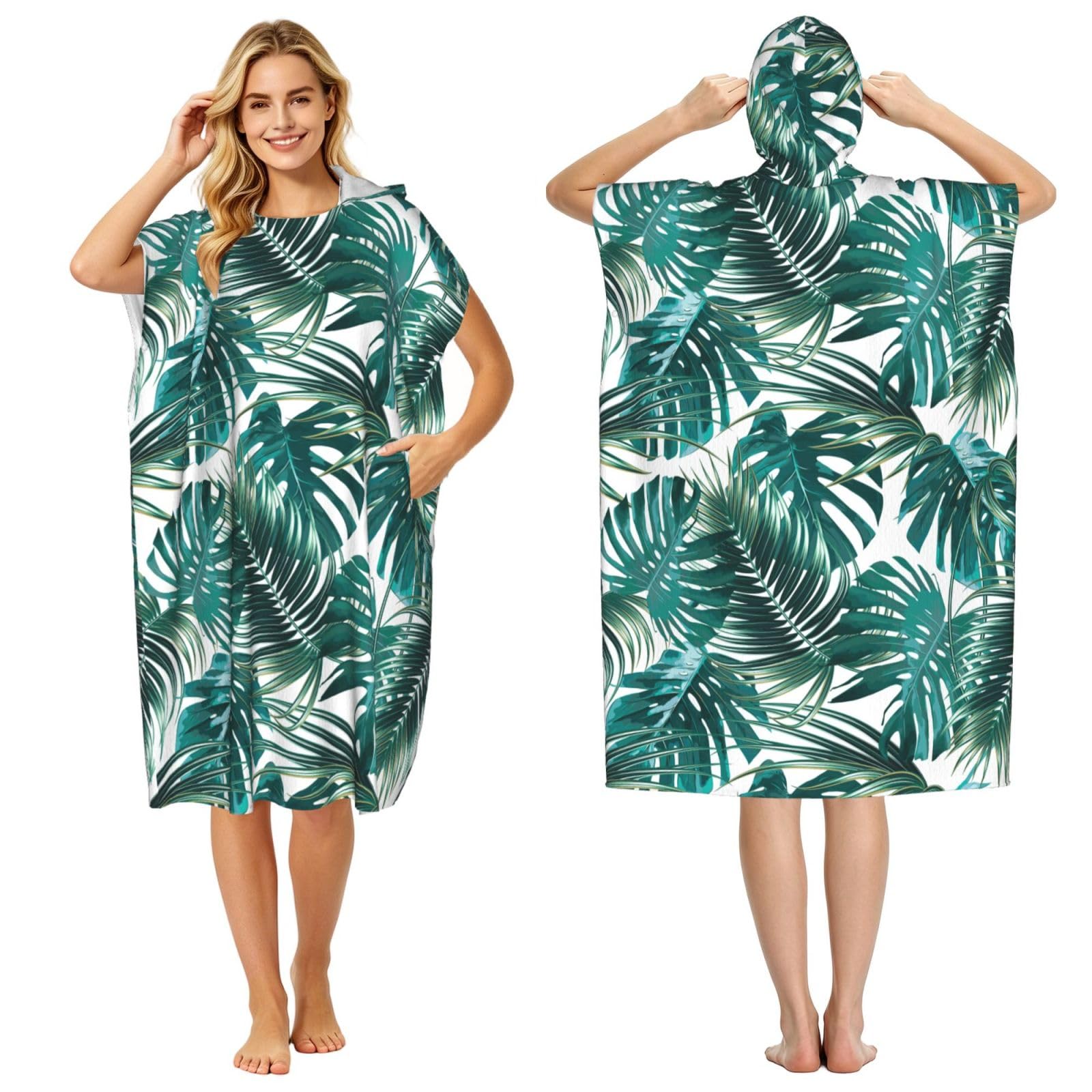 Poadnly Tropical Jungle Palm Leaf, Adult Hooded Beach Towel 90 x 110 cm,Changing Bath Robe, Surf Poncho Towel For Women Men