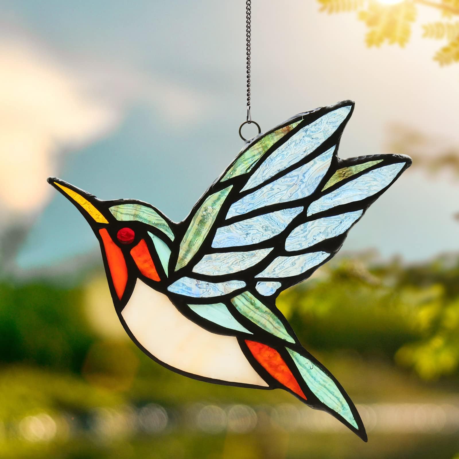 Kleeglee Birds Stained Glass Window Hangings, Handmade Suncatcher Hummingbirds Stained Glass Window Panels for Window Decor and Gifts(Blue-Red)