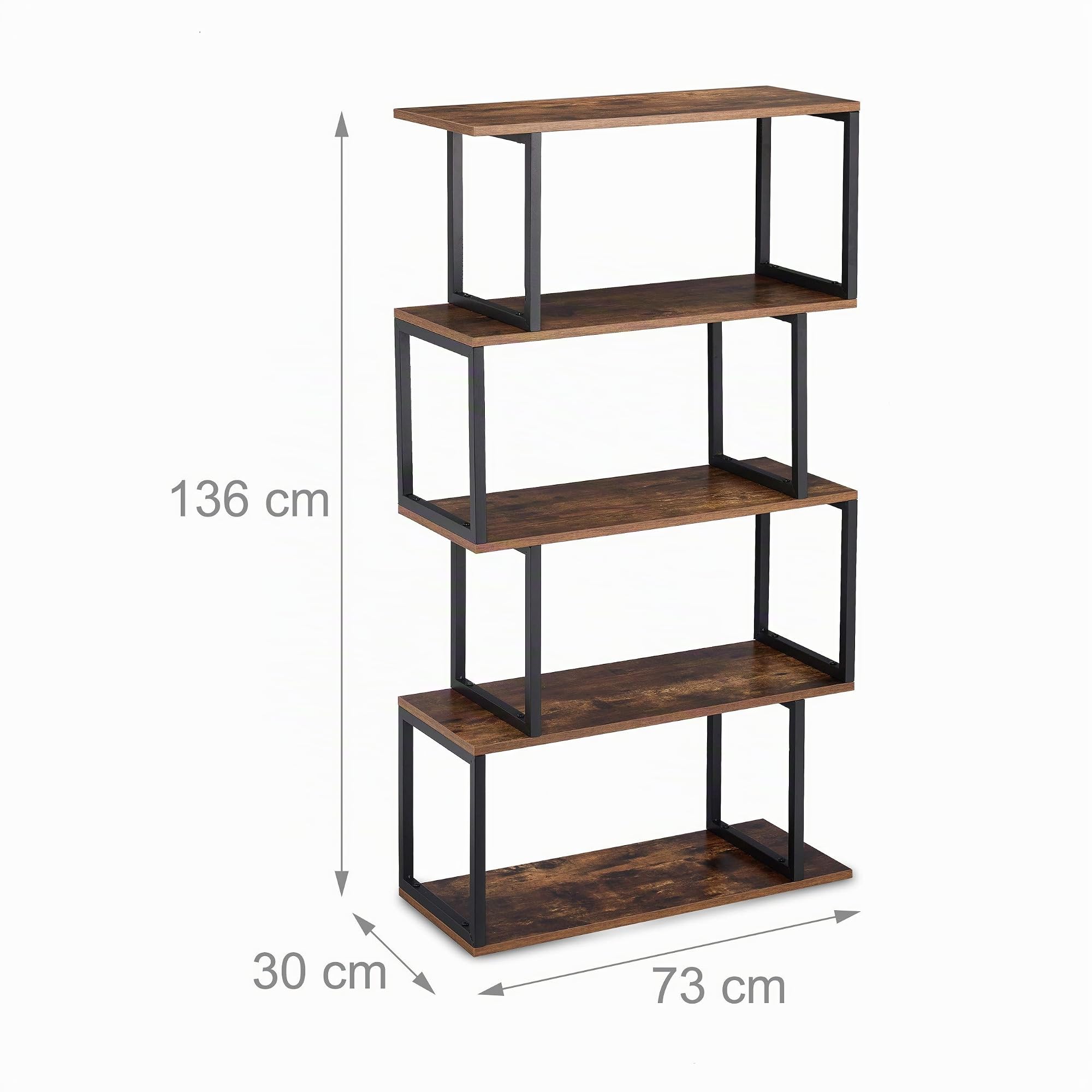 Relaxdays Bücherregal, Industrial Design, 5 Ablagen, MDF & Metall, HxBxT: 136 x 73 x 30 cm, Standregal, braun/schwarz