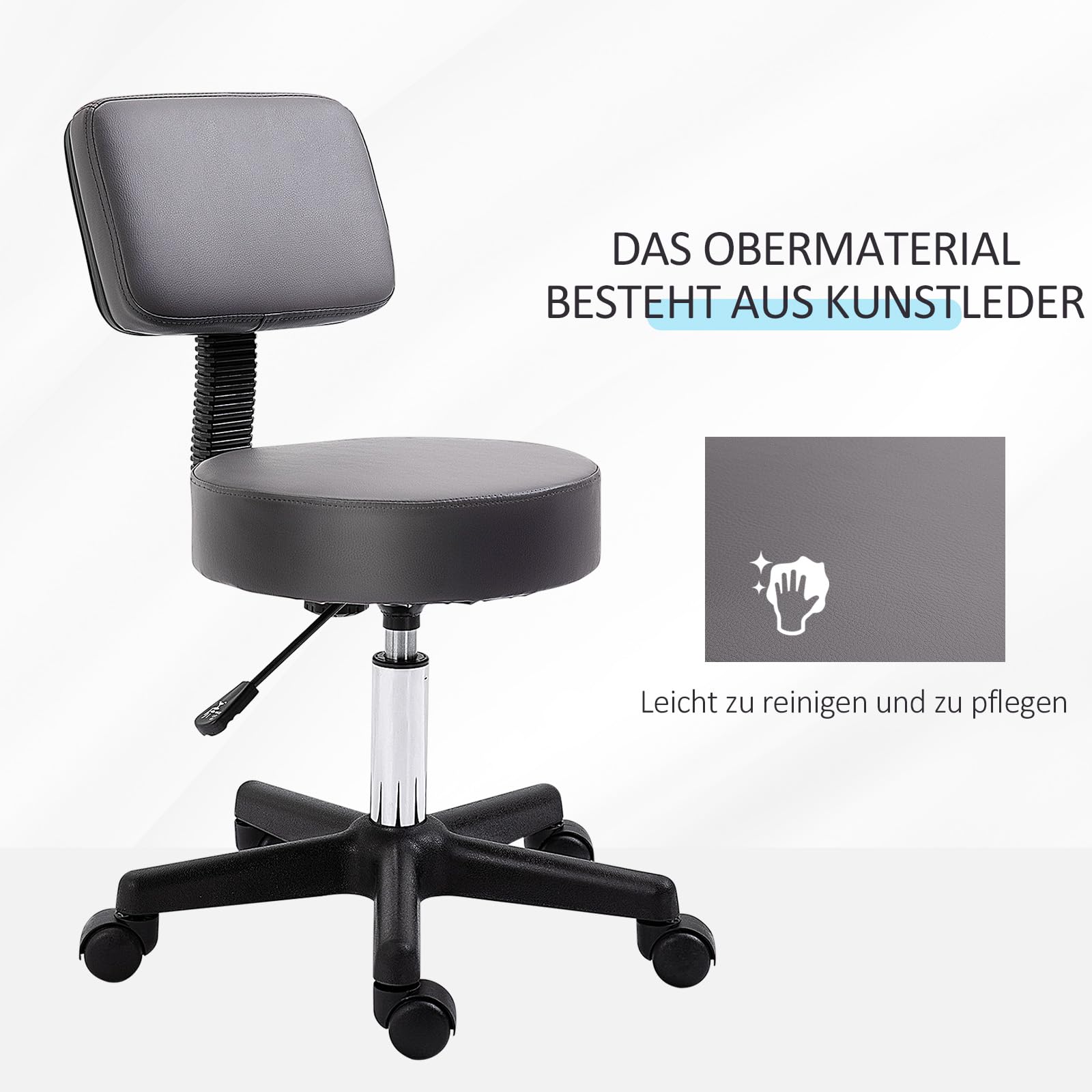 HOMCOM Rollhocker höhenverstellbar mit Rückenlehne Drehhocker 72-84 cm Arbeitshocker 360° drehbar Bürohocker für Büro Salon Massage Spa Grau