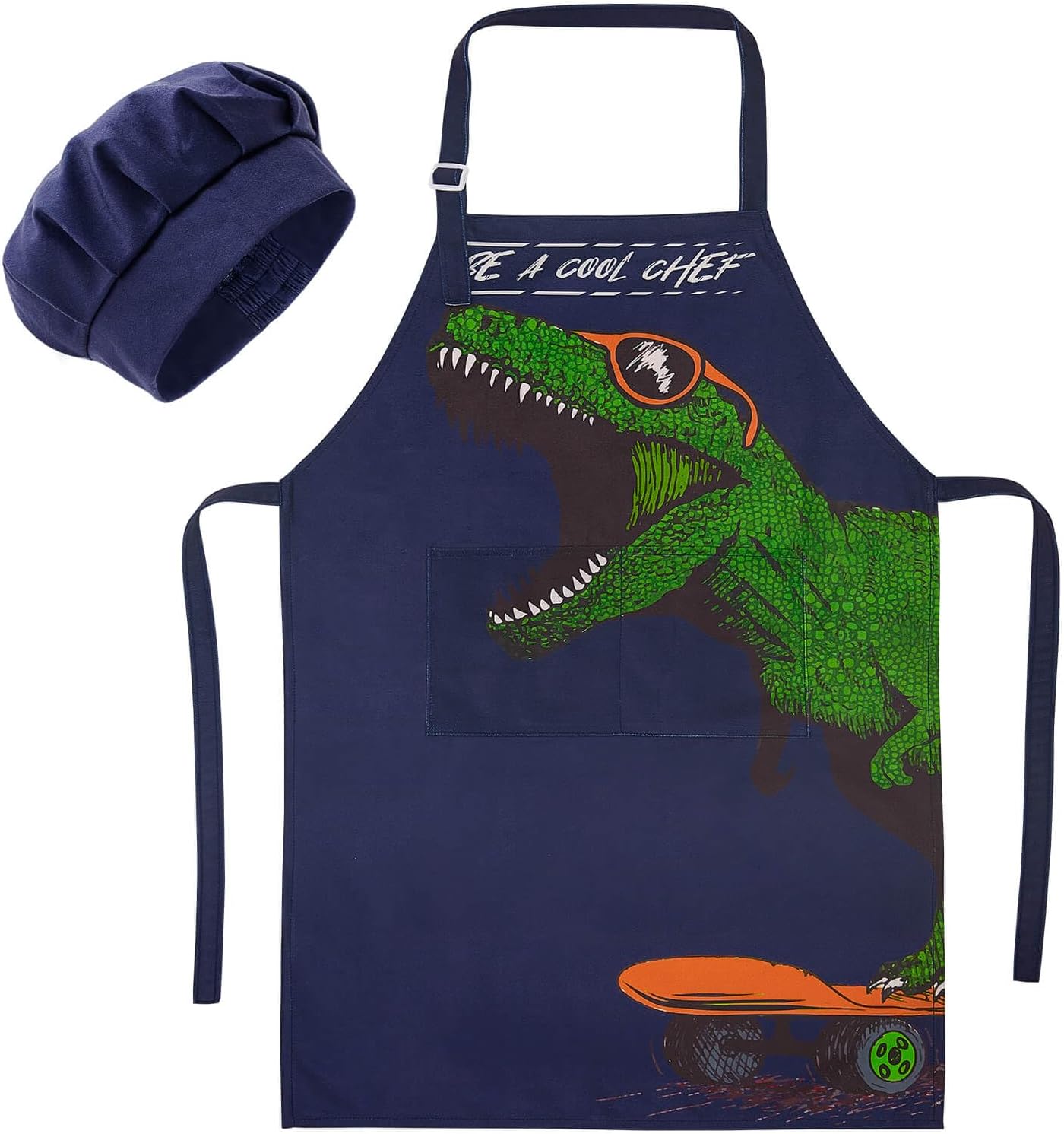 MHJY Kids Apron and Chef Hat for Boys Dinosaur Child Aprons with Pockets,Adjustable Child Apron for Cooking Baking 3-12 Years