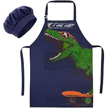 MHJY Kids Apron and Chef Hat for Boys Dinosaur Child Aprons with Pockets,Adjustable Child Apron for Cooking Baking Painting 3-12 Years