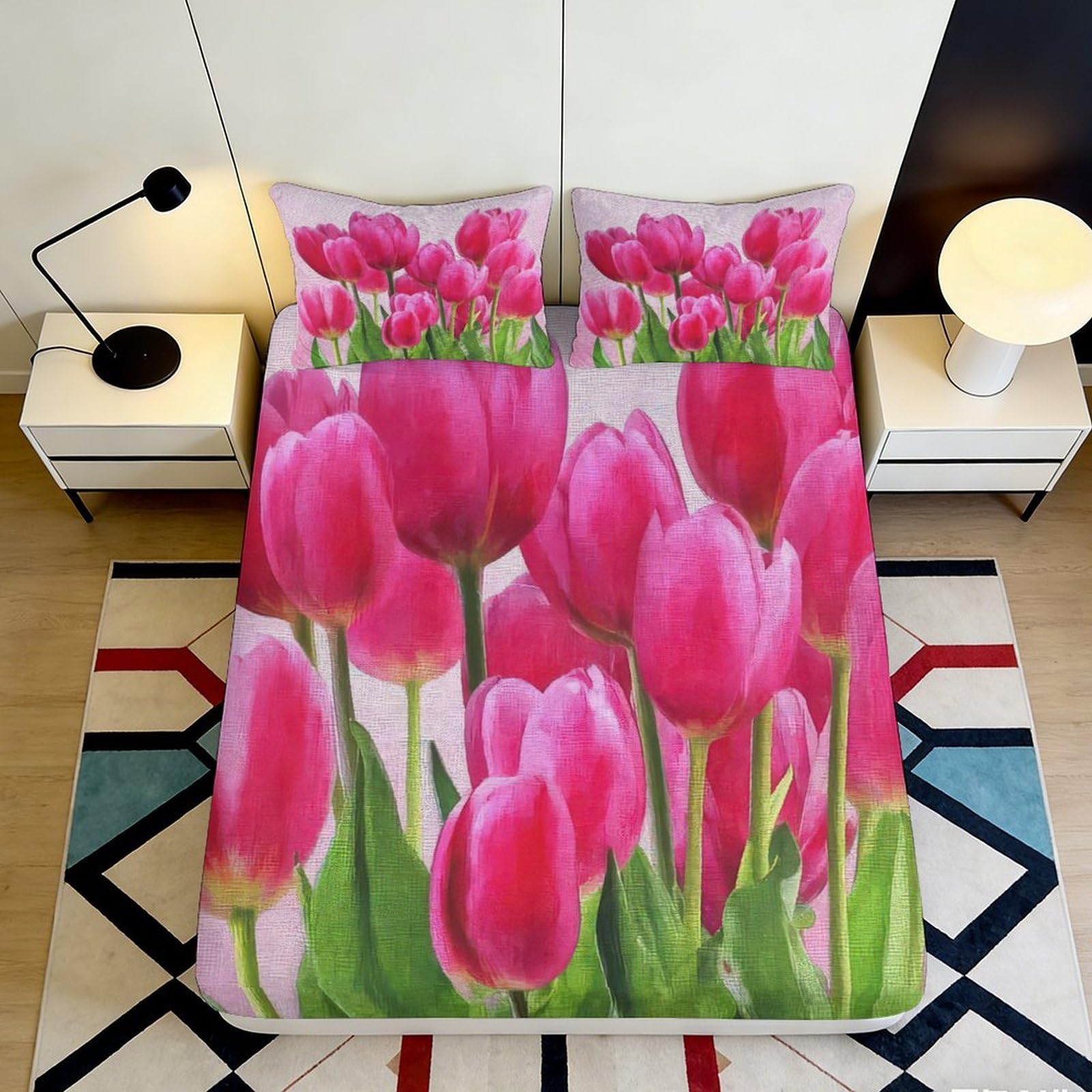3D Printed Pink Tulip Fitted Sheet Microfiber Soft Floral Blossom Bed Sheet for Bedroom Guest Room Mattress Decor 90x200x25cm