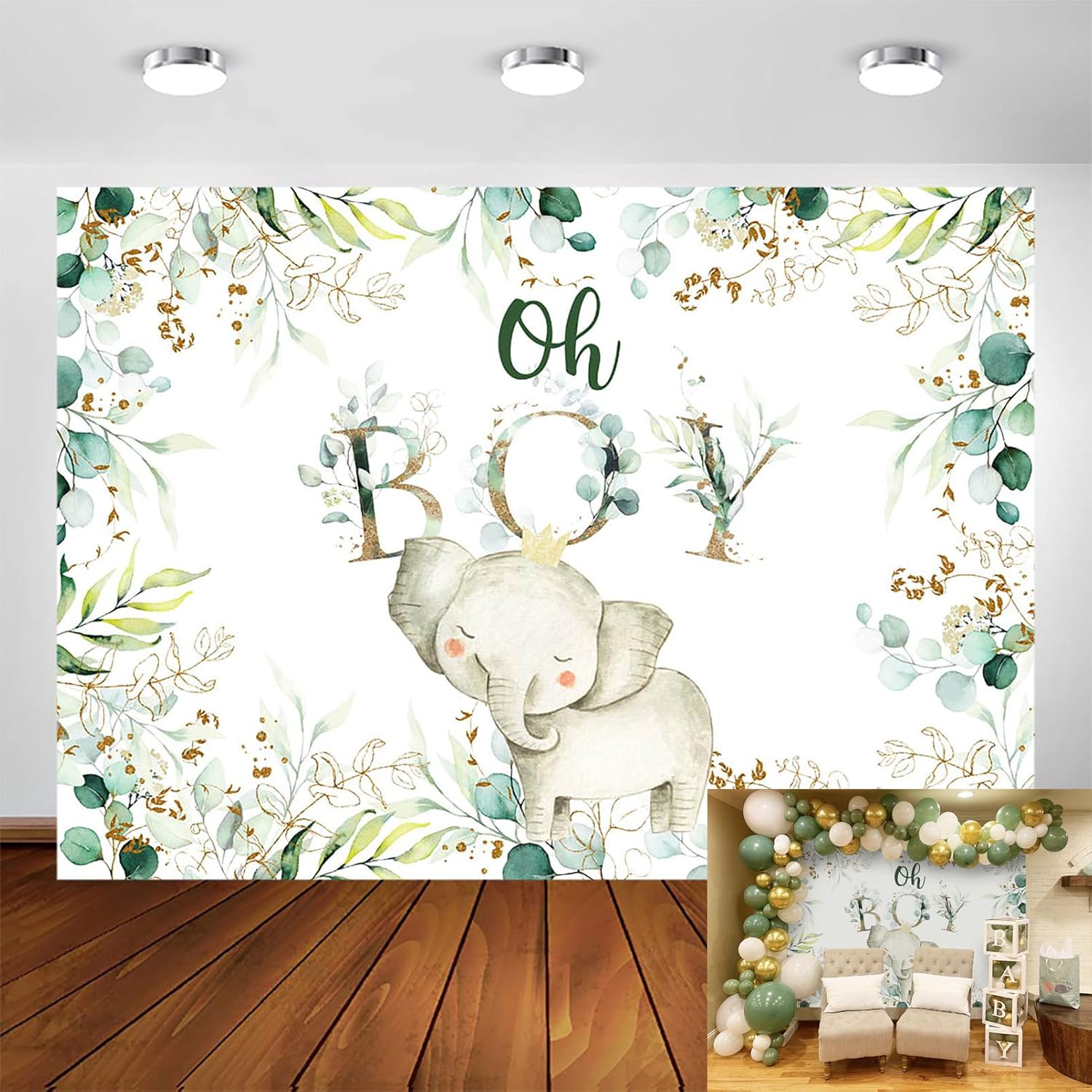 Avezano Oh Boy Elephant Backdrop for Baby Shower Decoration Photography Background Gold Greenery Leaves Baby Shower Birthday Party It's a Boy Elephant Backdrops Photoshoot (7x5ft)