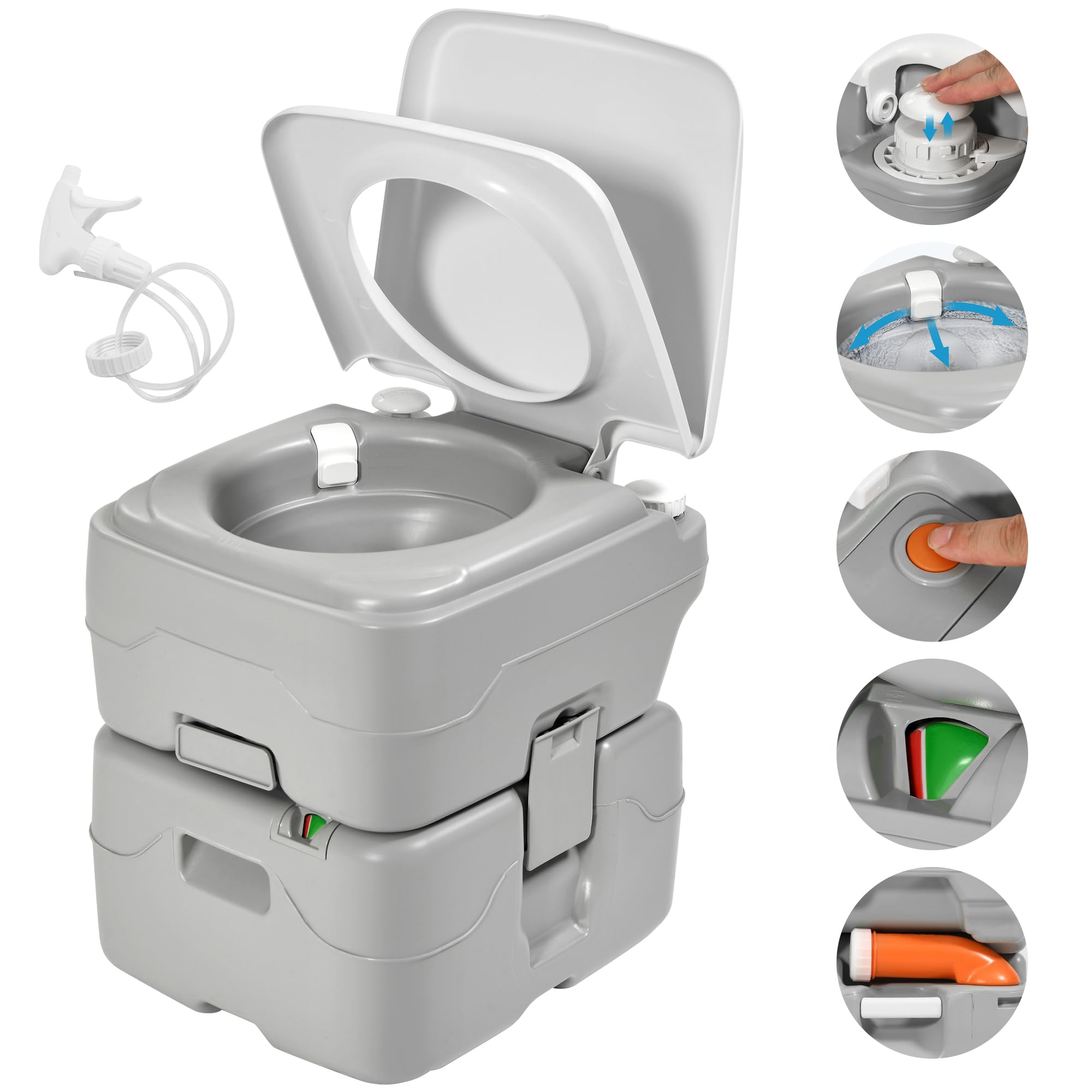 YITAHOME Portable Toilet Camping Porta Potty 5.8 Gallon with Hand Sprayer and Carry Bag, Leak-Proof Indoor Outdoor Toilet with Level Indicator, Handle Pump, Rotating Spout, for RV, Boat and Trips