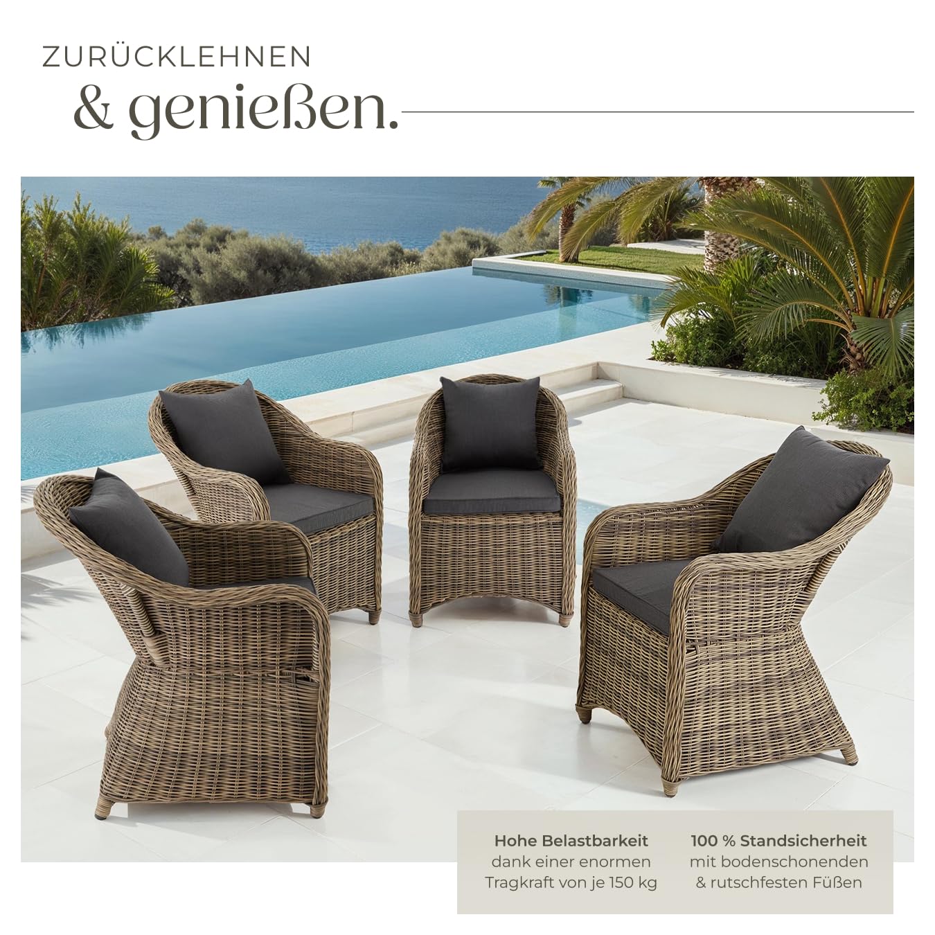 tectake® 4er Set Rattansessel, Polyrattan Gartenstühle mit Aluminiumgestell, Outdoor Korbsessel mit weichen Sitzpolstern, wetterfest, Rattan Stuhl für Garten Terrasse Balkon und Wintergarten - Natur