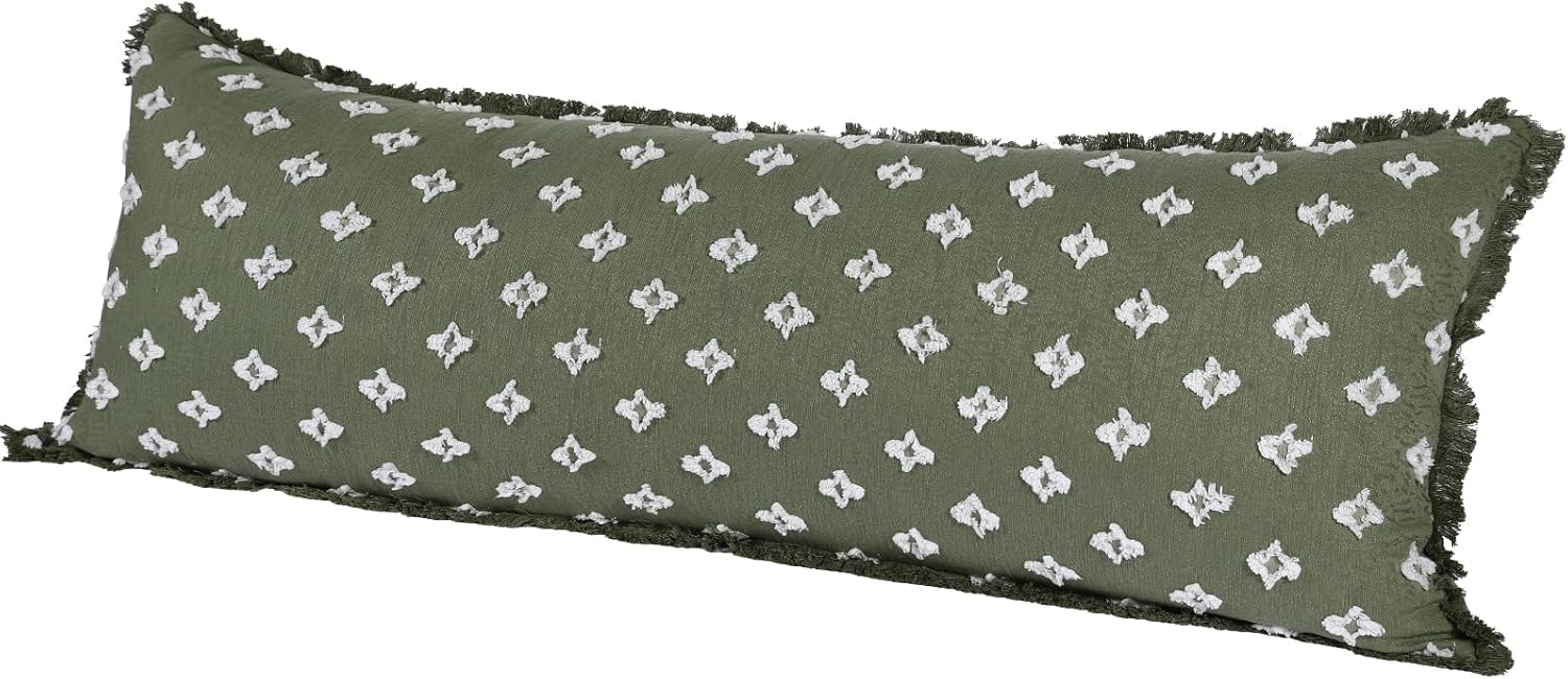 Boho Body Pillow Cover with Tassel Fringe, 3D Flower Patterned Decorative Extra Long Lumbar Pillow Cover Case for Sofa Couch Bed Livingroom Farmhouse, 21x54, Sage Green