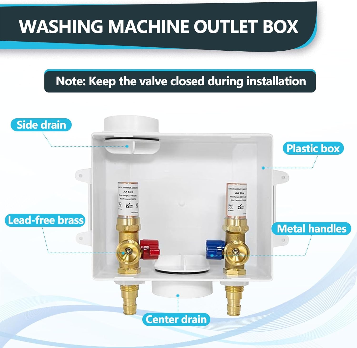 Washing Machine Outlet Box, Center Drain/Side Drain, 1/2 Inch Pex-A Inlet x 3/4 Inch MHT Outlet Connection, Laundry Washer Valve Outlet Box, with Copper Water Hammer Arrestor(WM013)