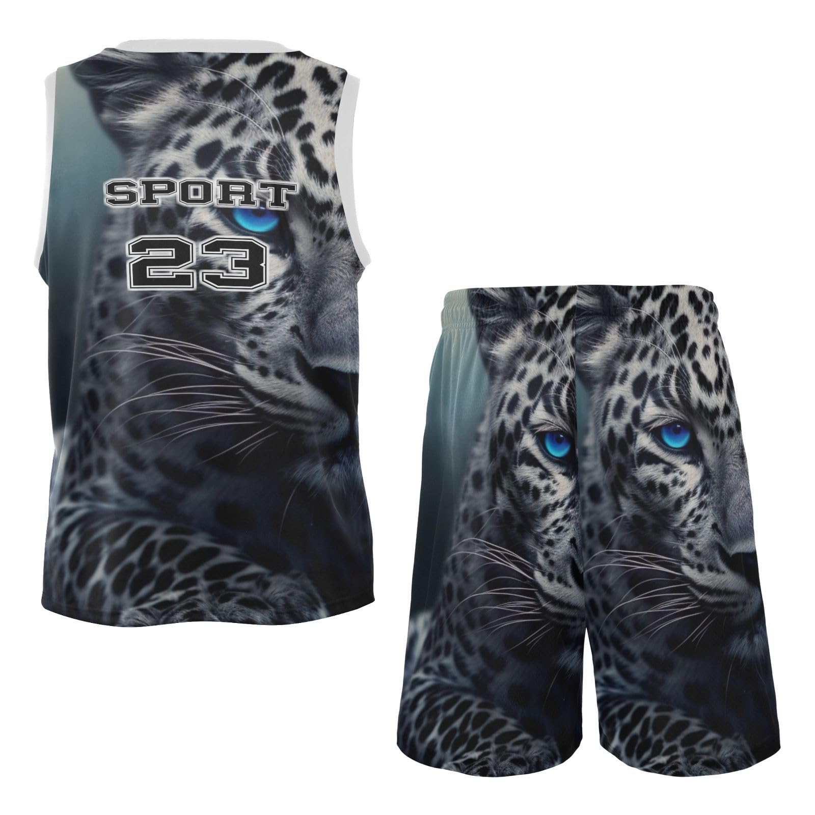 FLildon Leopard Cheetah Blue Eyes Boys Basketball Jersey Set Tank Top Shorts Tracksuit Sport Training Suit for Kids, S