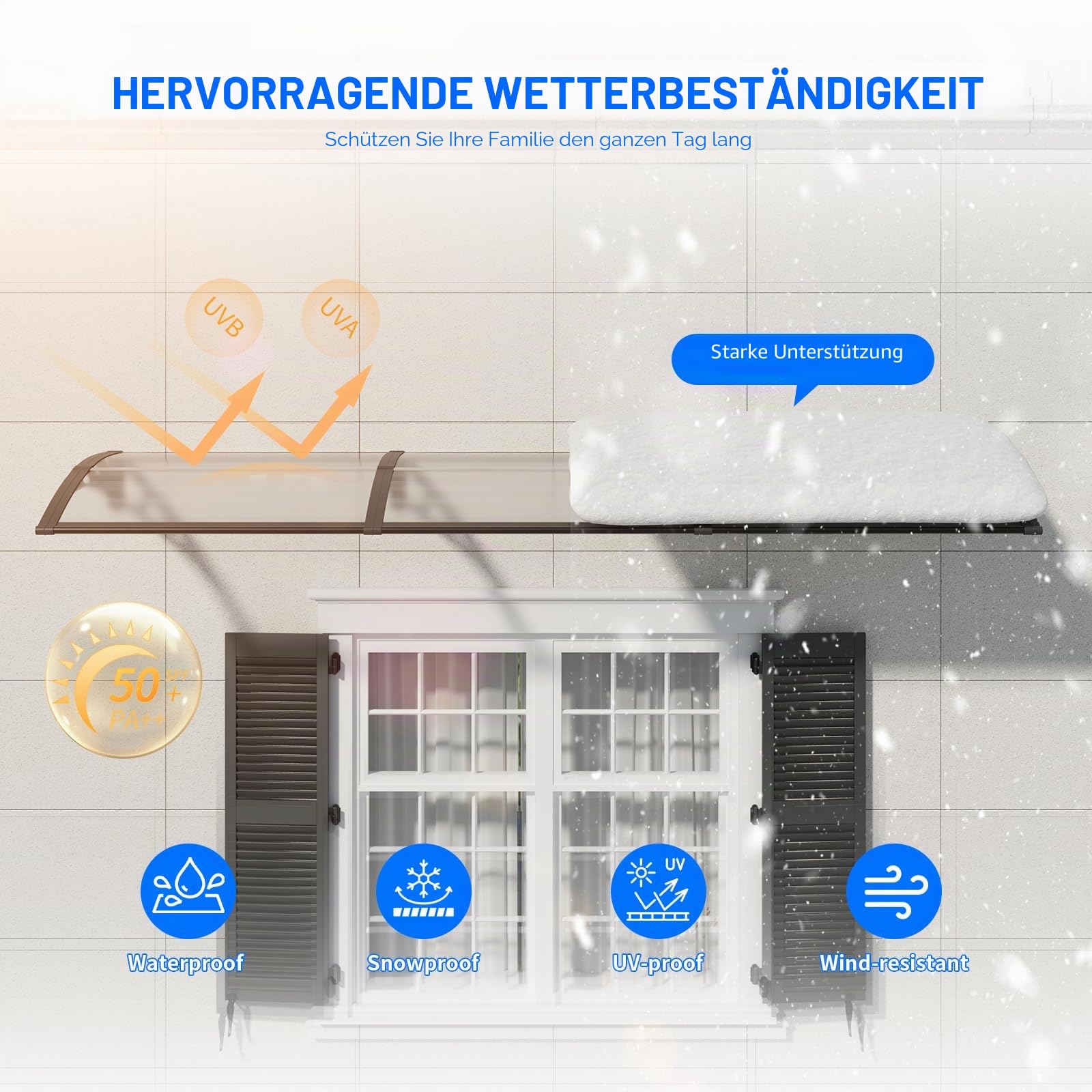 Vordach für Haustür,200x100cm Fenstervordach für Türen,Polycarbonat Pultvordach Überdachung für UV-,Regen- und Schneeschutz – Ideal für Veranda, Terrasse und Fenster