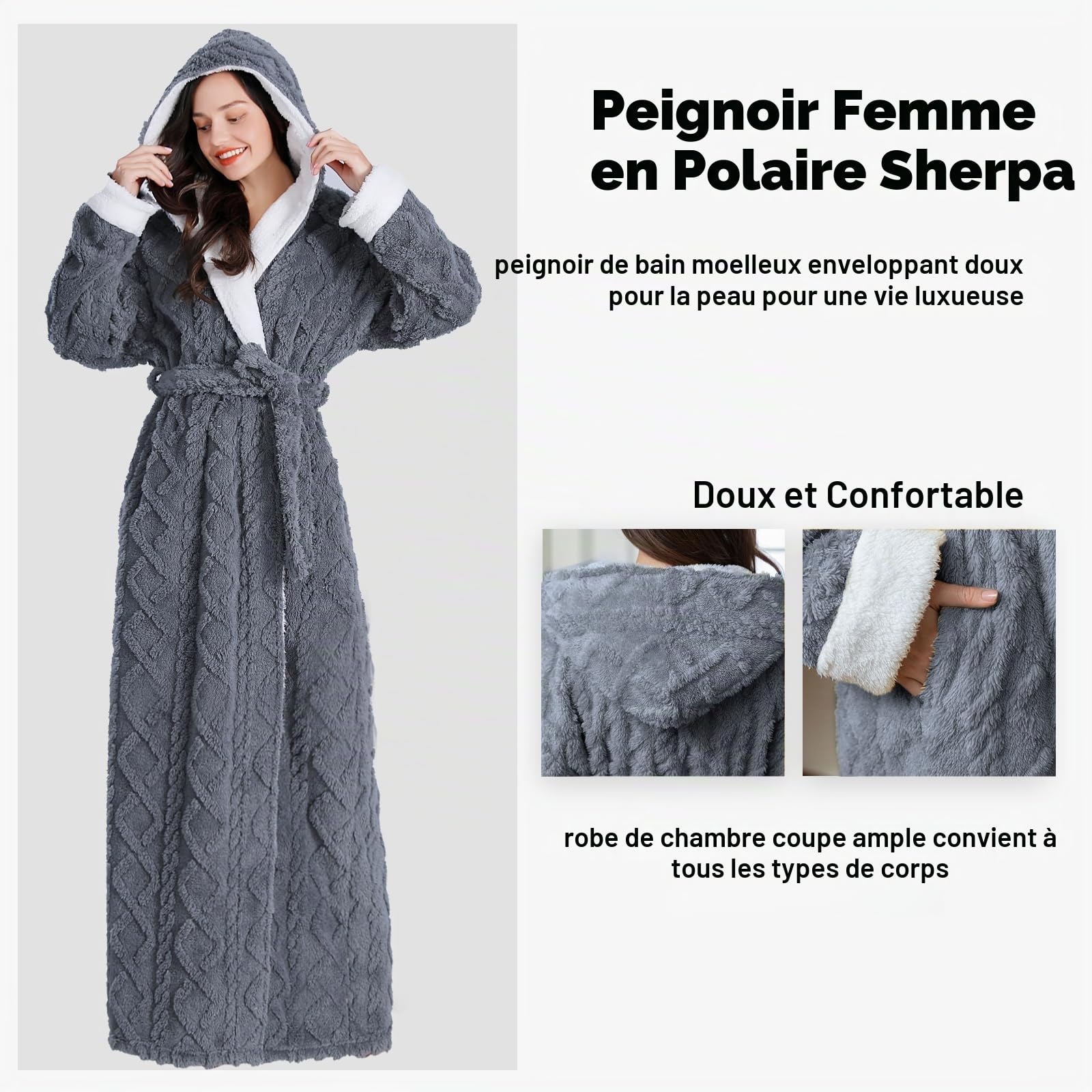 Oksun Peignoir long en polaire pour femme Peignoir à capuche en jacquard doux et moelleux