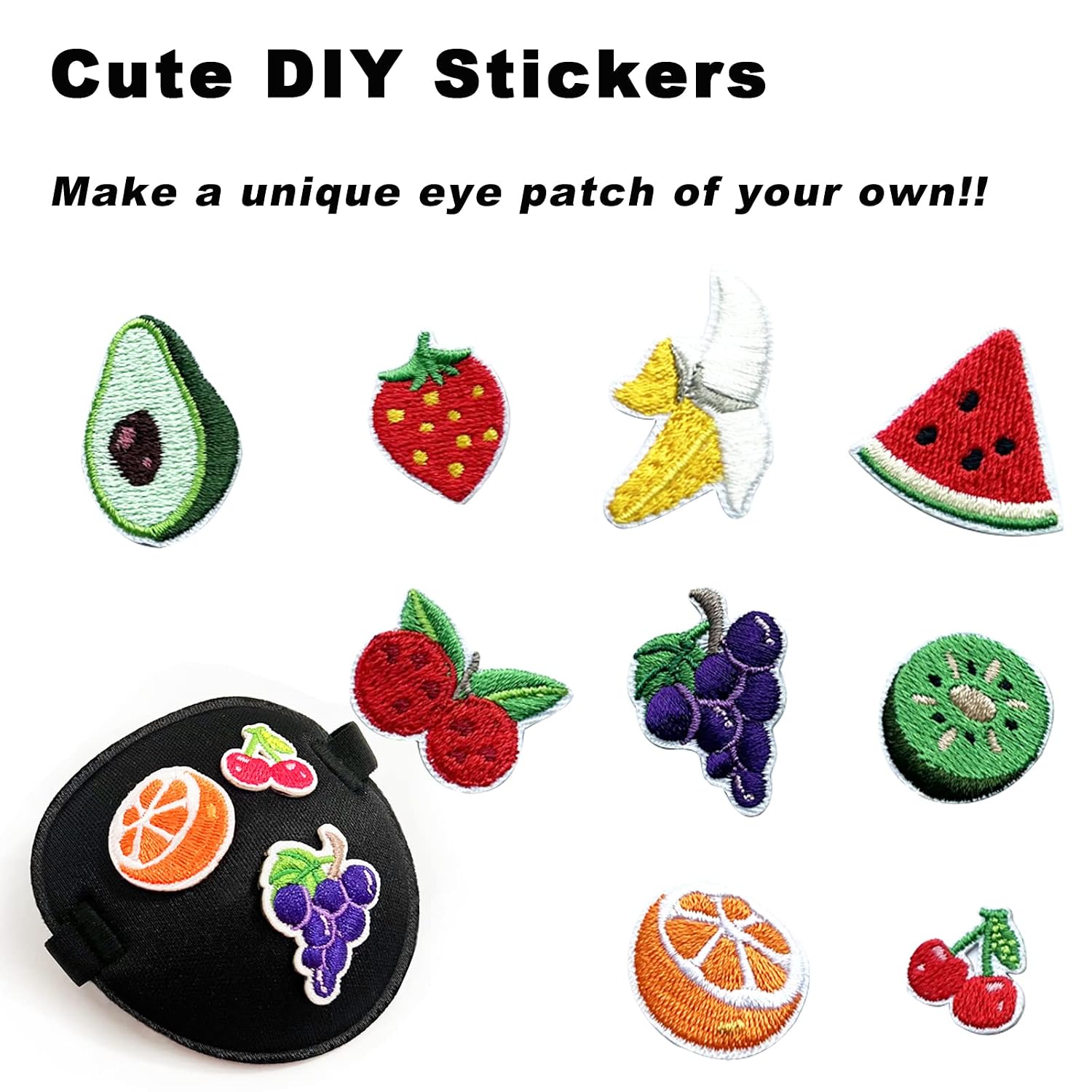 Eye Patches for Adults Kids, 2Pcs 3D Medical Eye Patch, Soft Adjustable Amblyopia Lazy Eye Patches for Left or Right Eyes, Black Eye Patches with DIY Fruit Stickers