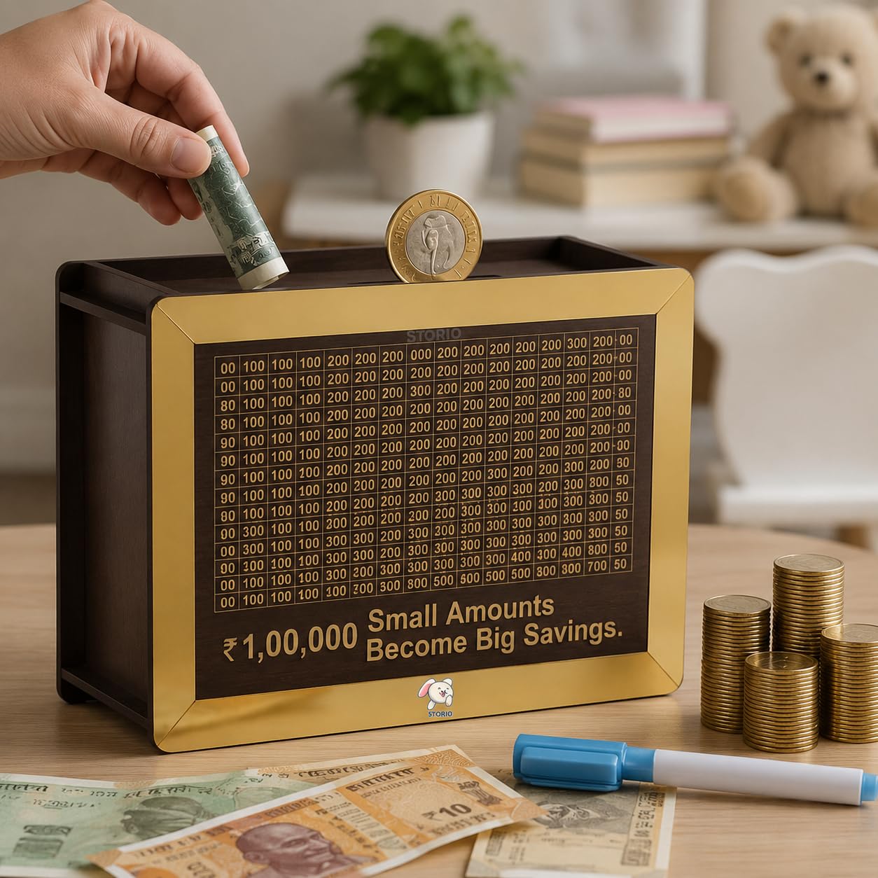 Storio Wooden Piggy Bank with Counter | Money Bank for Kids & Adults | Carved Savings Box, Wooden Coin Box, Mini Money Saver Bank with Number Counter | Cash Saving for Home & Office Use-image-30