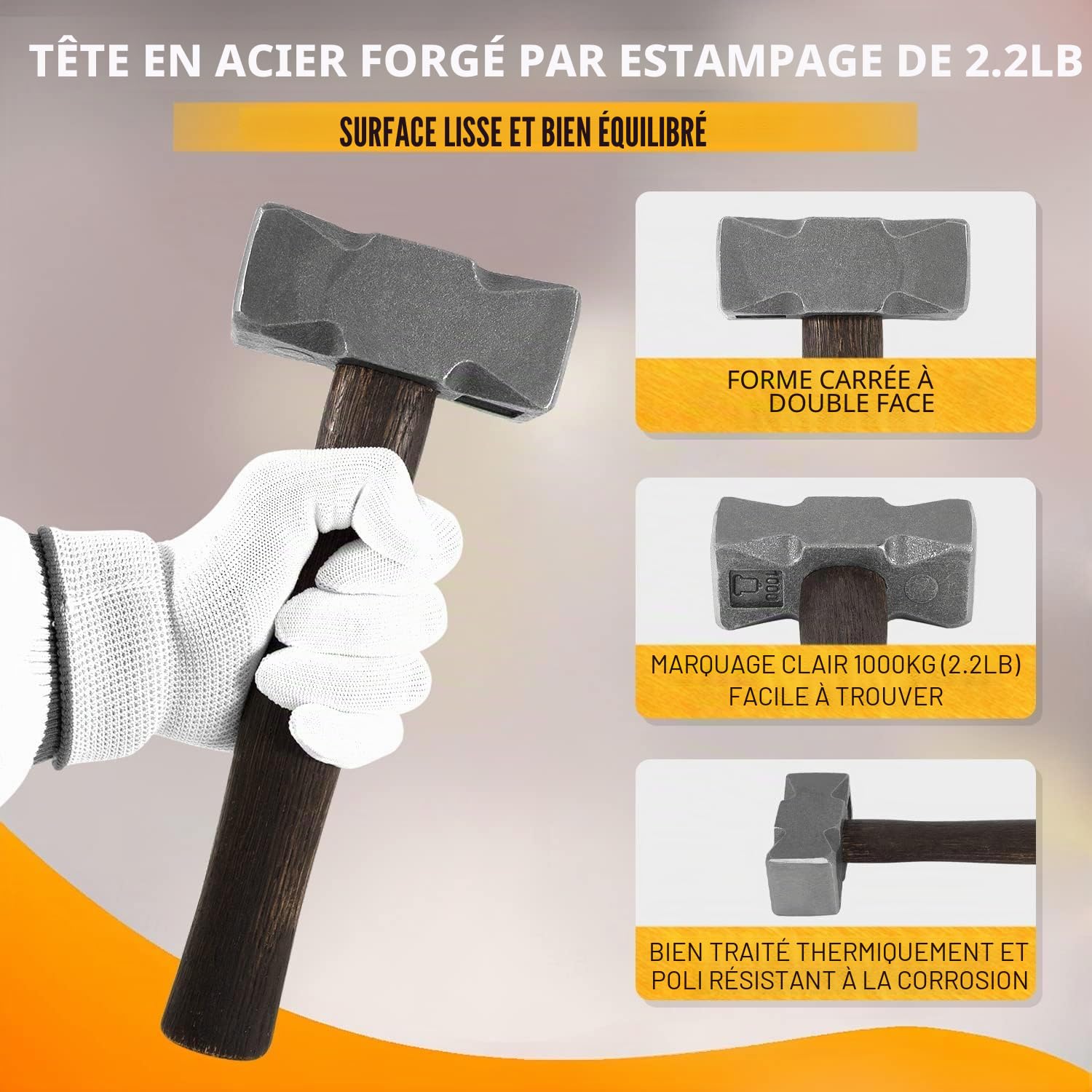 Marteau carré de forge de 2,2 lb avec double surface de frappe - Parfait pour les couteaux à enclume forgeron forgeron