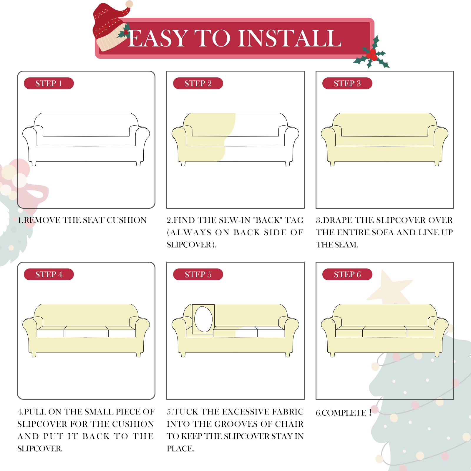 Lot de 4 Housses de canapé de Noël 3 Places avec Housse élastique Extensible - Imprimée - avec accoudoirs - Douce et antidérapante (Flocons de Neige à Carreaux)