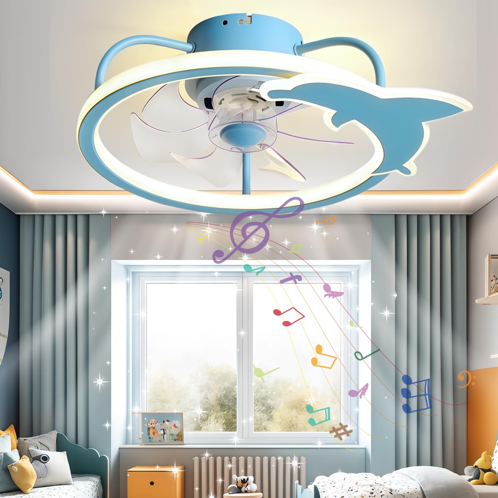 SXDMOUBK Dolphin Ceiling Fans with Lights and Remote for Kids Room, with Bluetooth Speaker, Quiet Ceiling Fans with Lamps Reversible DC Motor, Fan Light Ceiling for Living Room, Bedroom-Blue