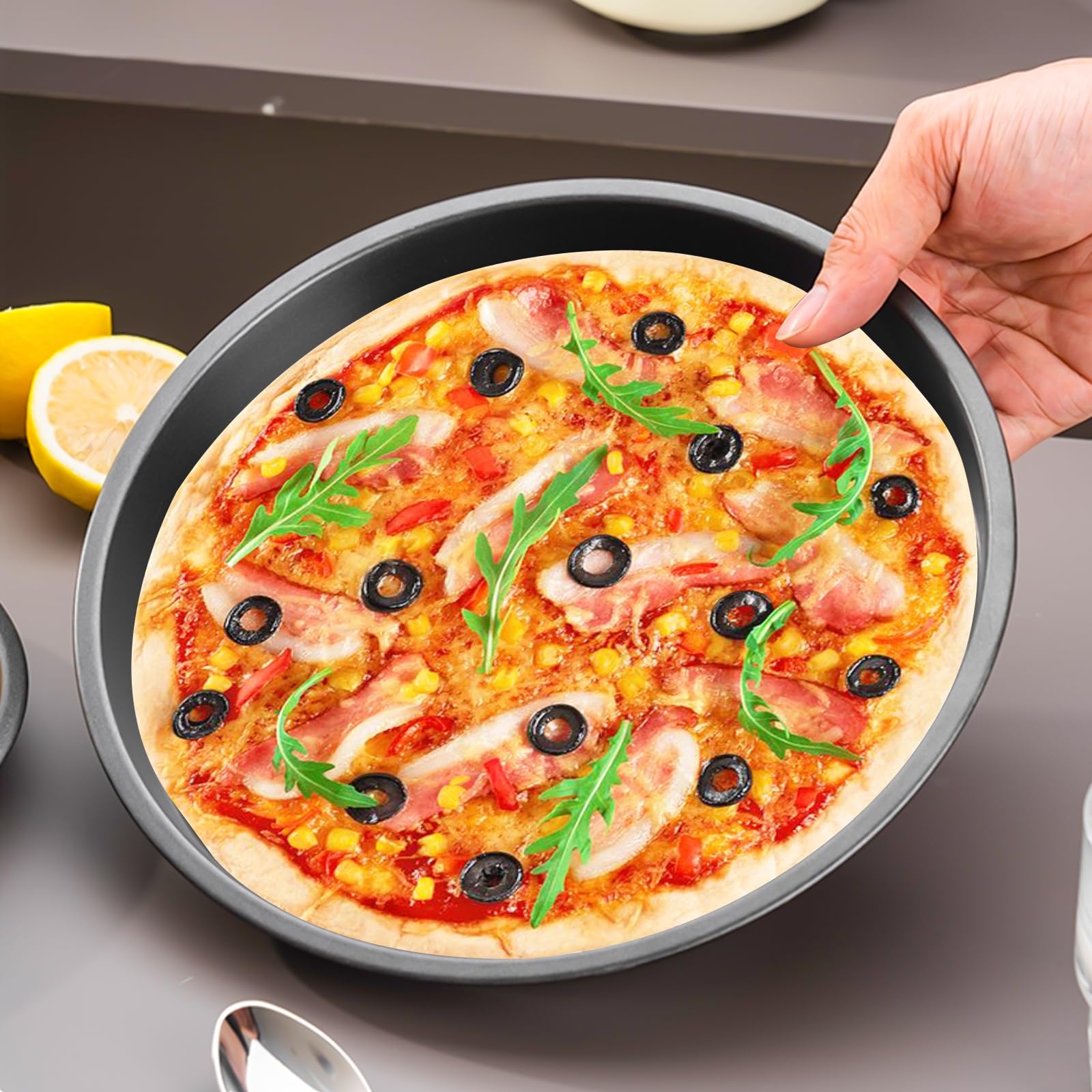 Set 4 Tegami Pizza Ø20cm, Acciaio con rivestimento antiaderente, Forma Rotonda, Colore nero