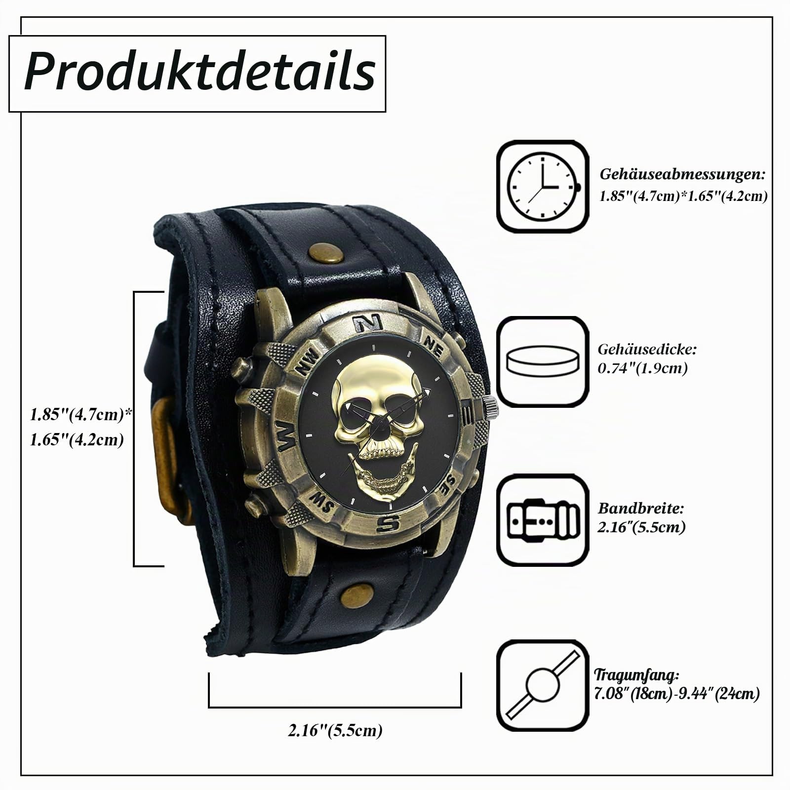 JewelryWe Totenkopf Uhren Herren Leder: Analog Quarz Armbanduhr Gothic Punk Schädel Patronenhülse Gewehrkugel Panzerkette Uhr mit Breit Leder Armband