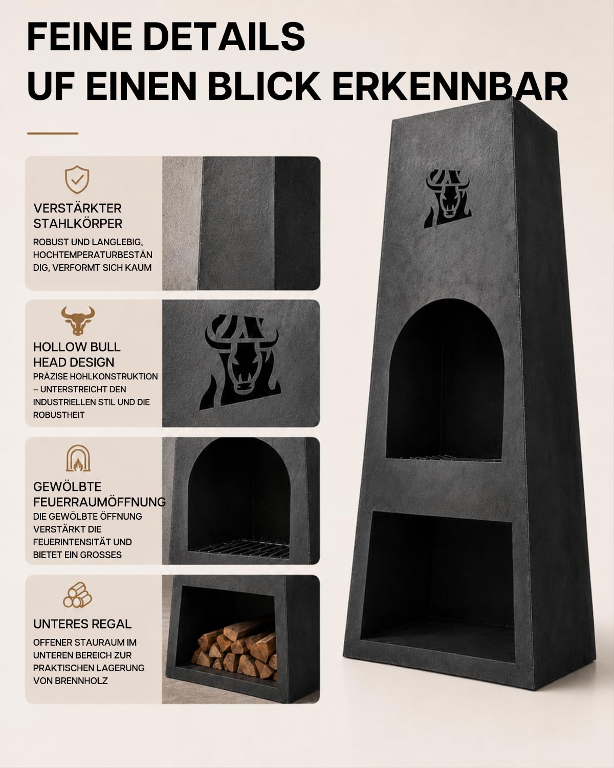 Komplett montierter Gartenkamin, Cortenstahl-Terrassenofen