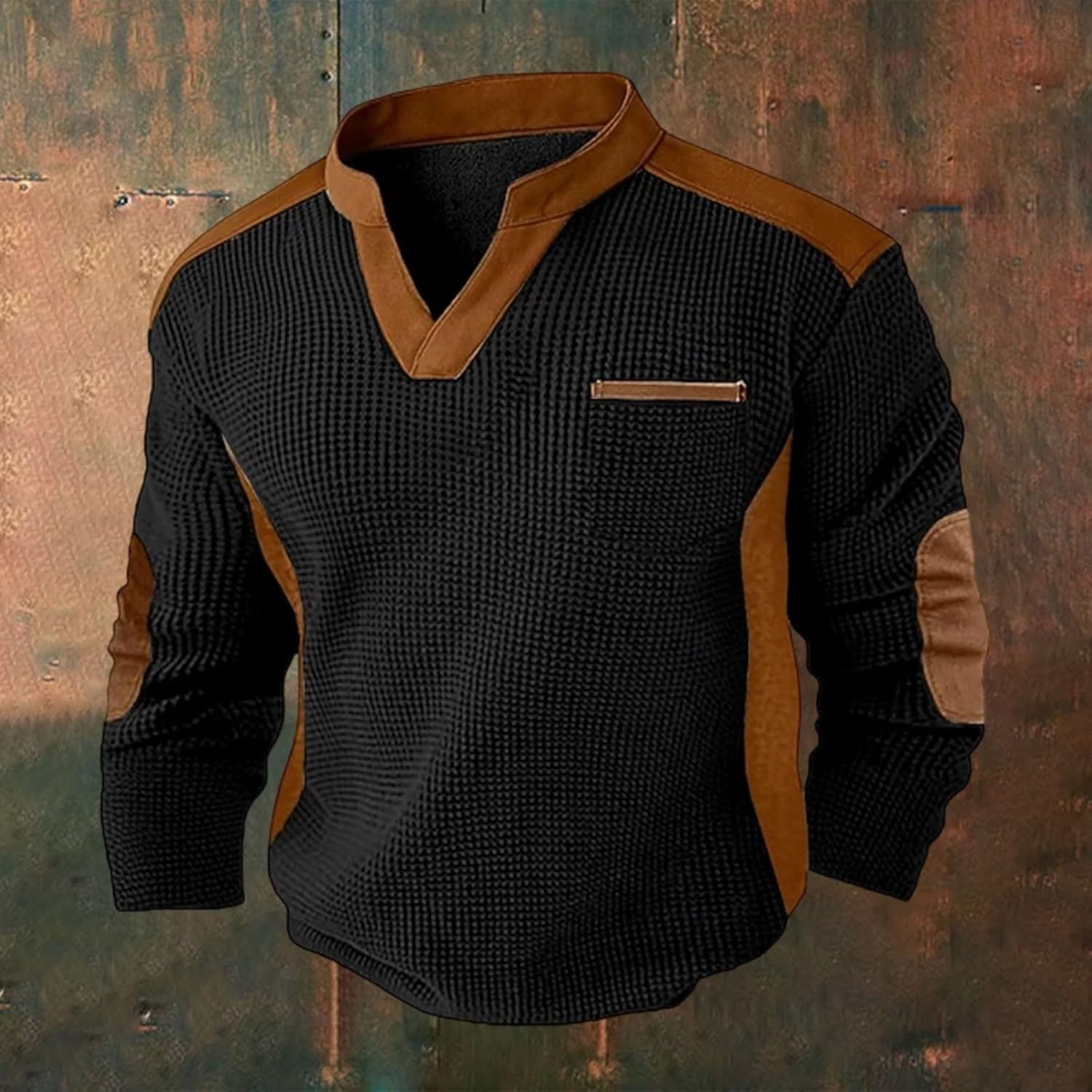 Men's Waffle Sweatshirt Casual Knited Long Sleeve Thermal Stand Collar Pullover Stylish Warm Cozy V Neck Henley Shirts - Image 2