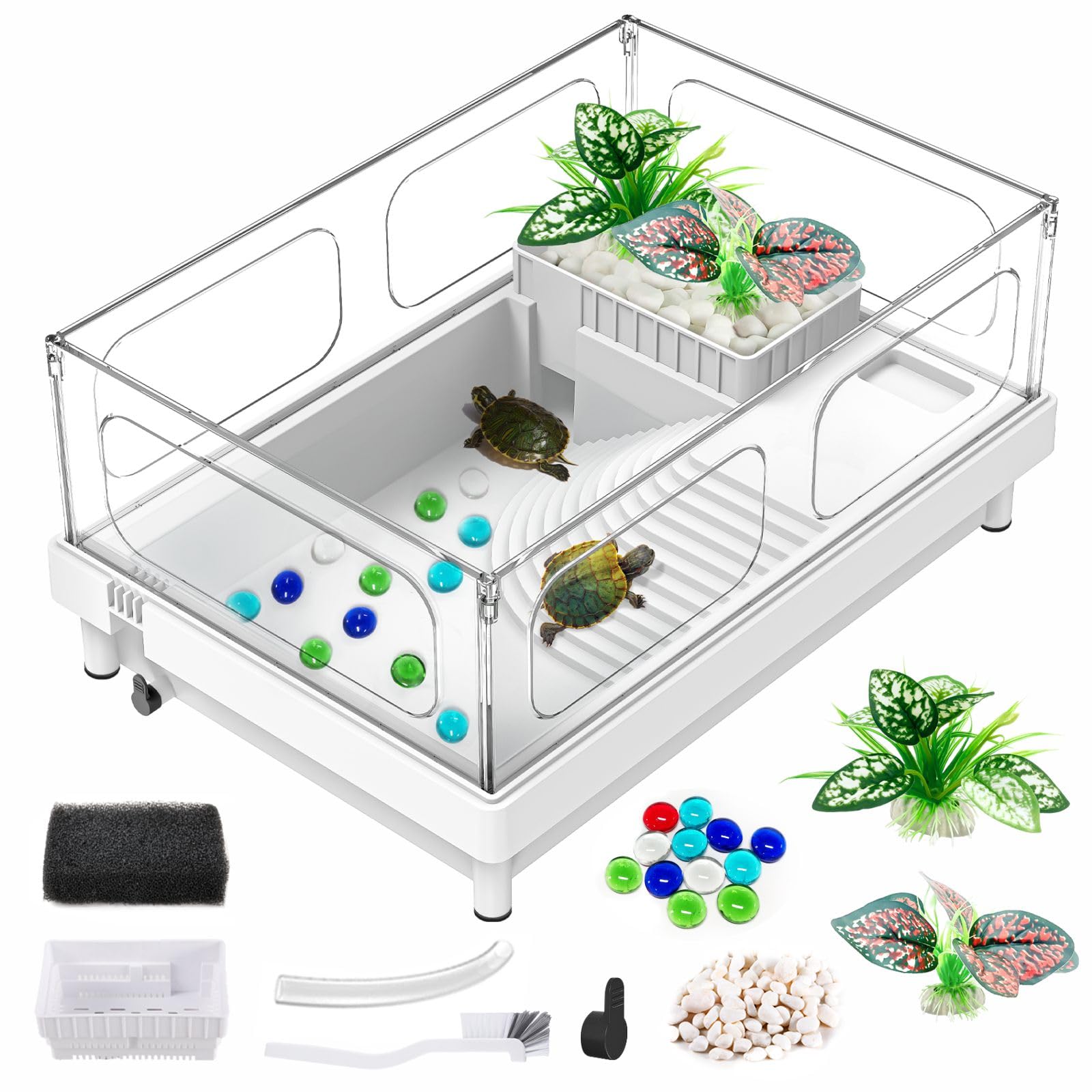 GOZILLA Small Turtle Tank Starter Kit, Acrylic Turtle Aquarium with Multi-Functional Areas for Turtles, Crabs, Crayfish, Small Reptiles. (White Tank) — image 1