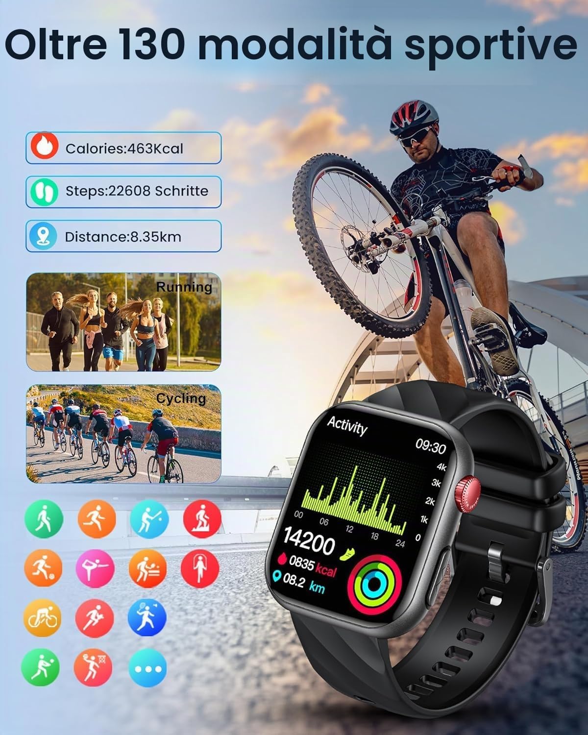 Orologio Smartwatch Uomo ECG con Chiamate: 1.97"AMOLED Orologio Contapassi con PPG HRV BMI Temperatura Corporea Pression Sanguigna WhatsApp Notifice Sonno Monitor Fitness Watch Android iOS Compatibile
