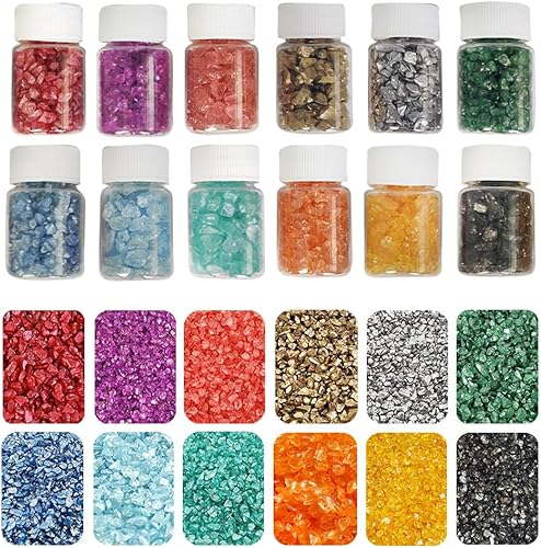 HappyFiller Arena de Vidrio Triturado de 12 Colores, 30 Gramos Cada Botella, Piezas de Vidrio Roto Triturado Piedras de Terrario para Arte de
