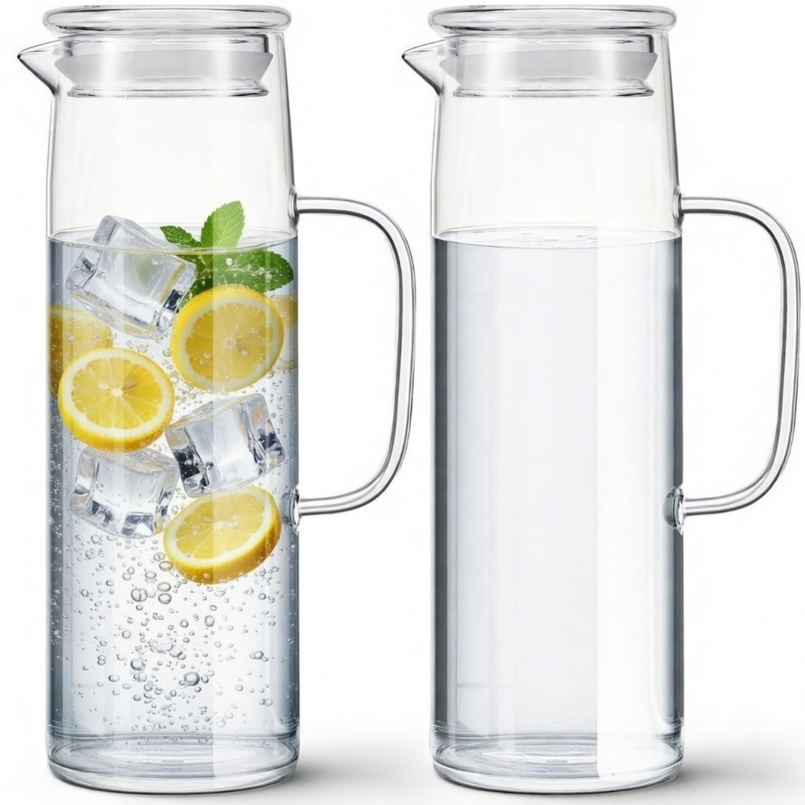 Hsei Juego de 2 jarras de vidrio con tapa, jarra de agua de 1500 ml con asas, jarra de agua fría caliente para té, jugo, leche, café, bebidas heladas (tapa de vidrio)