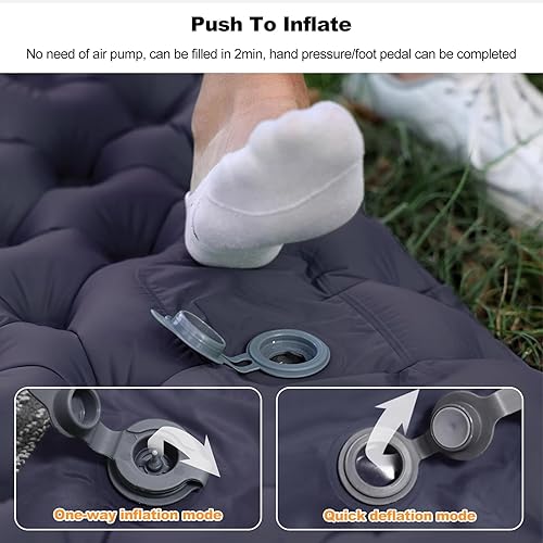 Miniatura 4 de Ergocar Colchoneta de dormir para camping, almohadilla inflable gruesa con almohada, bomba integrada, colchón inflable ligero para acampar con tela