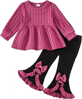 Baby Toddler Girl Clothes 2 Piece Fall Winter Outfits For 9M-4Y | Solid Ruffle Top + Bowknot Flare Leggings,Color-Block,Cute,Soft,Cotton,Perfect For Daily Wear,Home,Outdoor,Gift,Birthday