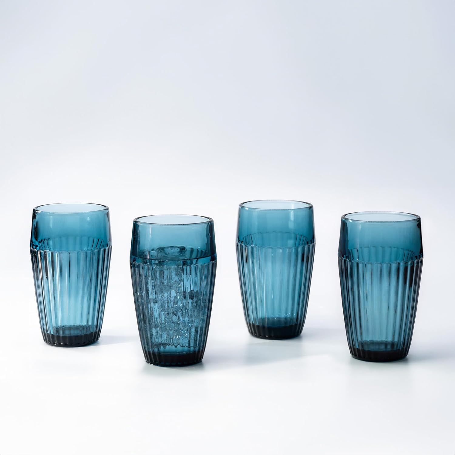 Blue Drinking Glasses Set of 4, 14 oz Ribbed Textured Glass Tumblers, Tall Retro Colored Drinkware for Water & Cocktails, Decorative Highball Glasses for Home & Bar, Modern Vintage Glassware Gift Set - Image 6