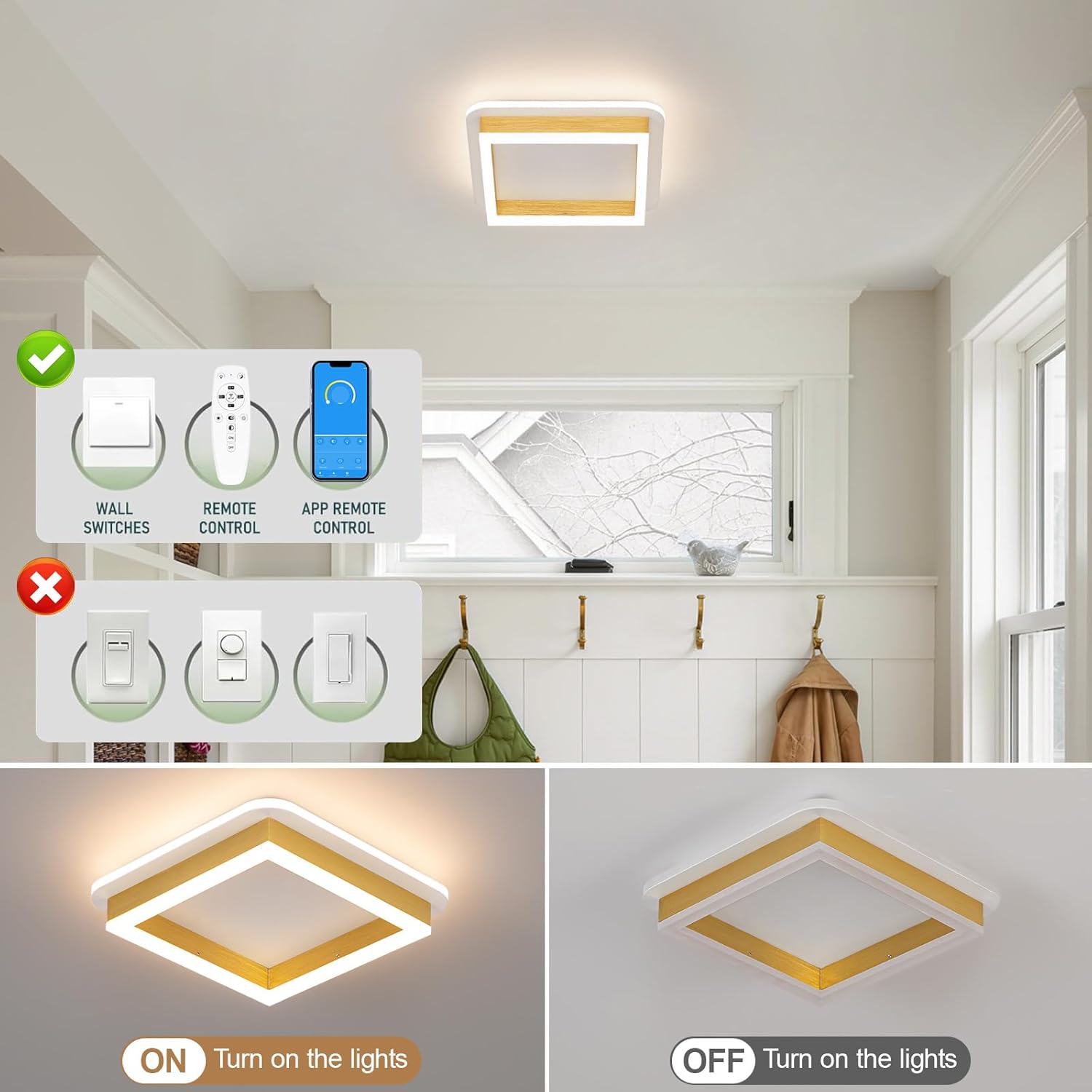 LED Flush Mount Ceiling Light Fixtures, 3000K-6000K Dimmable Hallway Light Fixtures with Remote Control Acrylic Square Ceiling Lamp for Kitchen Laundry Bedroom Bathroom (Gold)