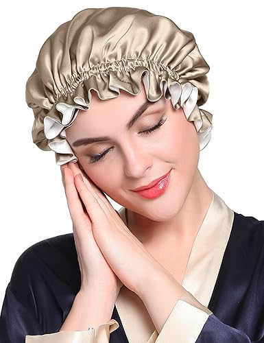 Miniatura 9 de LilySilk Gorra con forro de seda pura para mujer, doble capa, cintas ajustables, gorra de seda natural de lujo para dormir