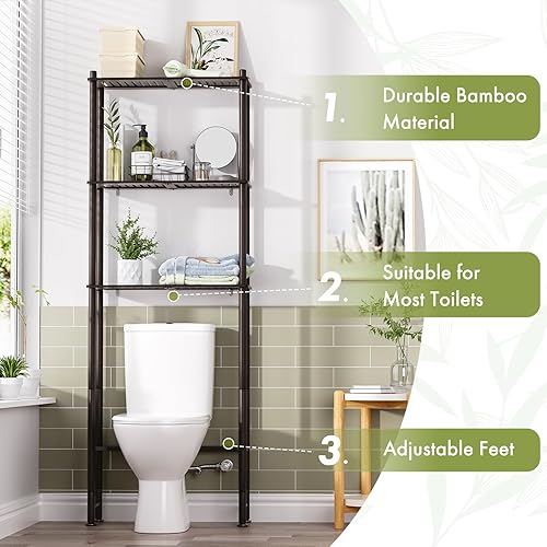 Miniatura 4 de AmazerBath Estante de almacenamiento de bambú sobre el inodoro, estante organizador de baño sobre el inodoro, estantes de baño de 3 niveles sobre el