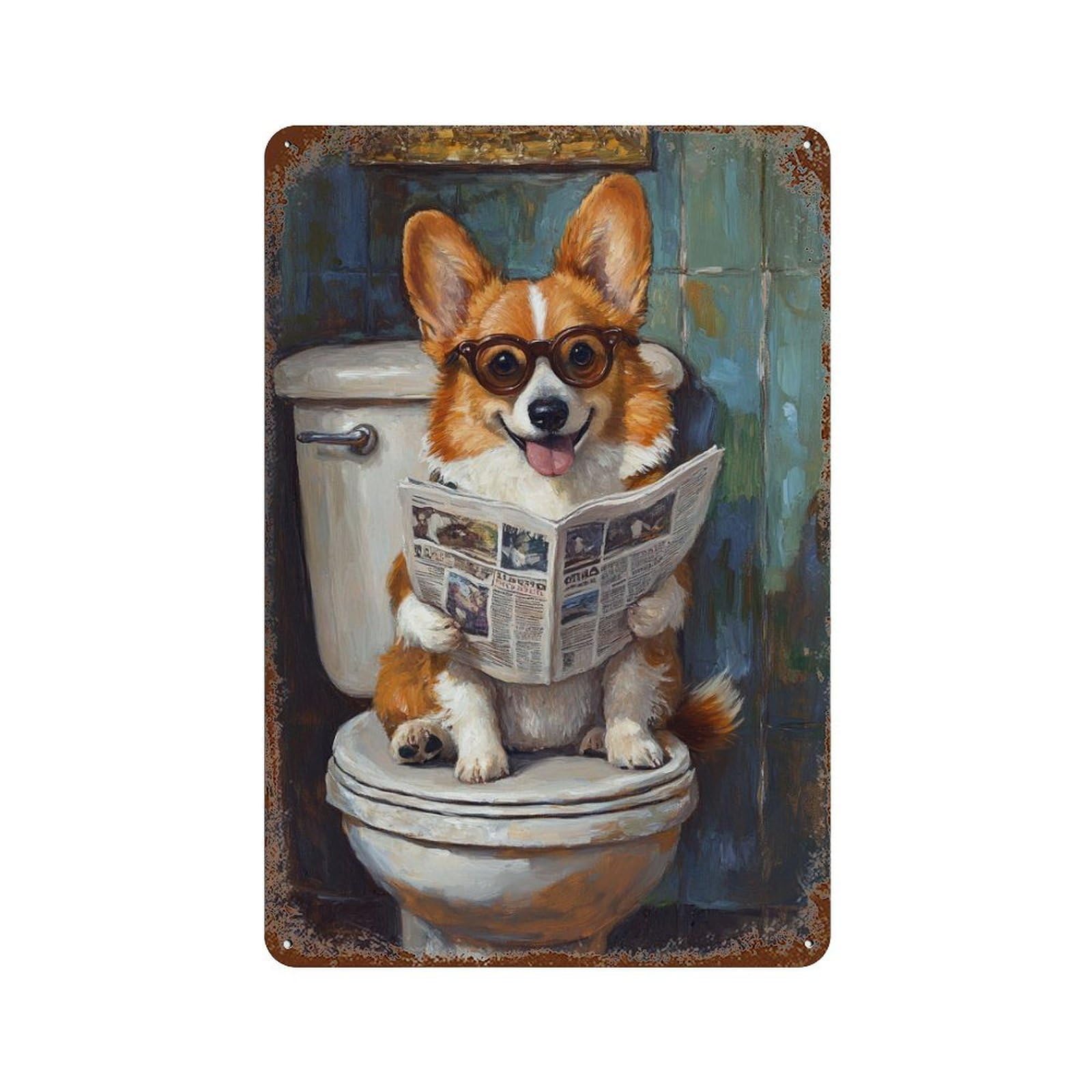 Corgi Reading Newspaper on Toilet-1 Decorative Tin Sign 11.8"x7.9", Farmhouse Wall Decor for Garage, Bar And Workshop Decor