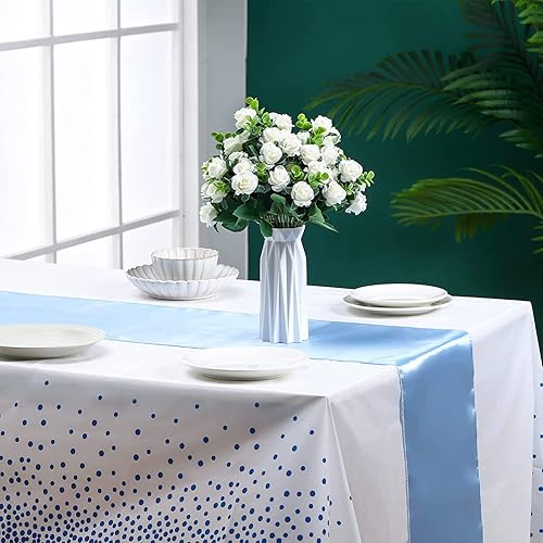 Miniatura 5 de Paquete de 24 manteles de plástico desechables y camino de mesa de satén, mantel blanco y azul, camino de mesa de satén para boda, cumpleaños, baby
