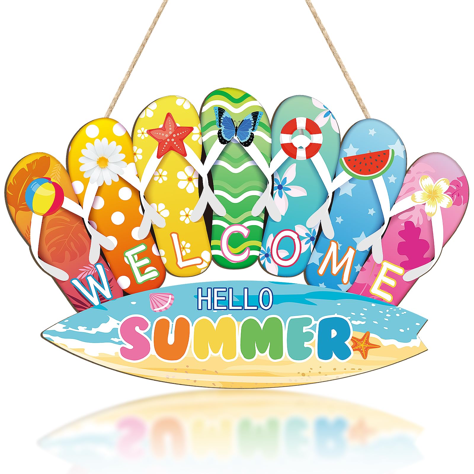 Sophena Wooden Summer Door Wreath for Front Door Sign Slippers Wall Signs Christmas Decoration, Welcome Hello Summer Sign Welcome Hanging for Home