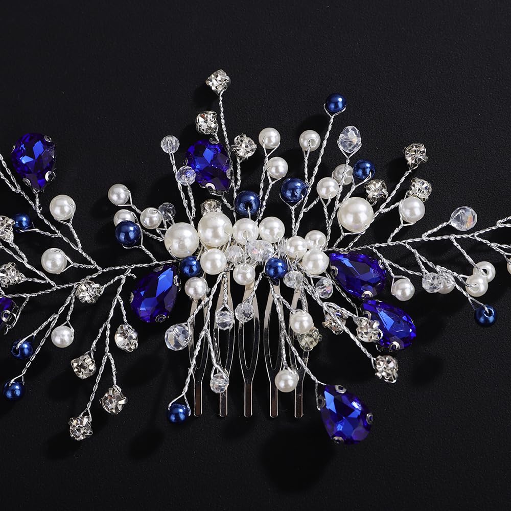 Wekicici Blue Teardrop Crystal Wedding Hair Comb Silver Pearl Rhinestone Hair Piece Bridal Side Comb for Bride Wedding Hair Accessories for Women Crystal Headpiece - Image 4