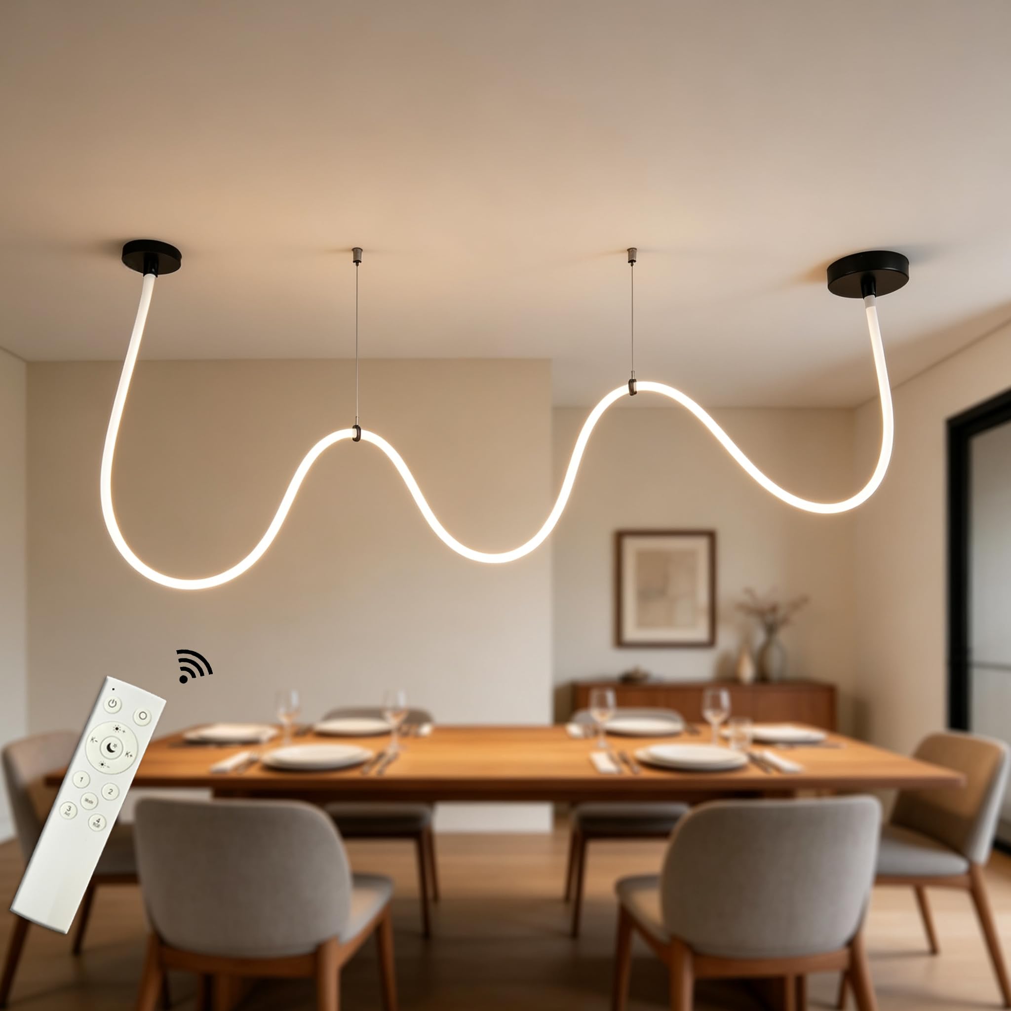 Pendelleuchte LED mit Silikonschlauch und Fernbedienung, 3 Farbtemperaturen 3000 K–6000 K Deckenleuch, 68W, flexibles Design für Schlafzimmer, Wohnzimmer und Gewerberäume