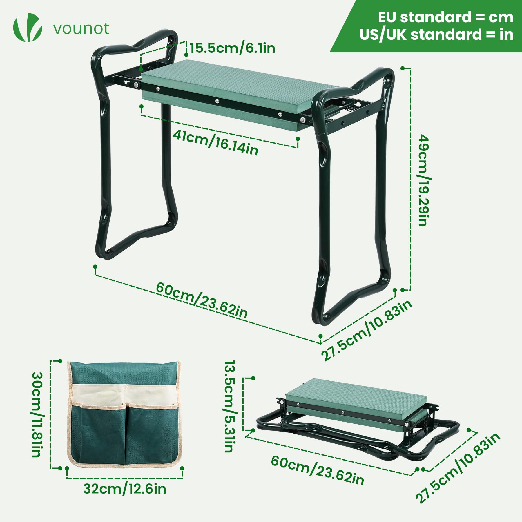 vounot® Banc de Jardinage Pliable 2 en 1 Tabouret Agenouilloir de Jardin avec Pochette de Rangement pour Outils Siège avec Coussin Doux en EVA pour Le Jardinage Extérieur Vert
