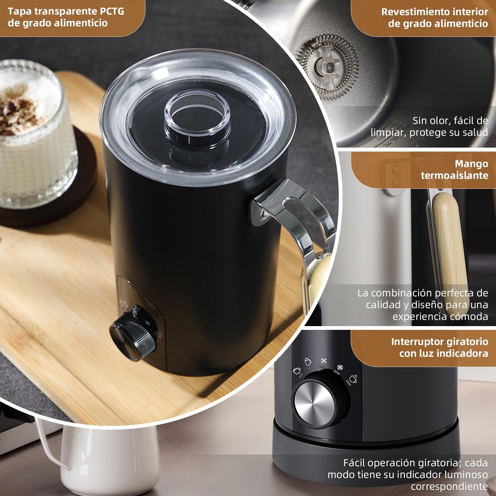 JAINYANA Espumador de Leche Eléctrico 5 en 1 Espuma Caliente y Fría Automática Calentador de Leche,350ML Silencioso Acero Inoxidable,para Latte Capuchino Macchiato y Chocolate Caliente(Blanco)