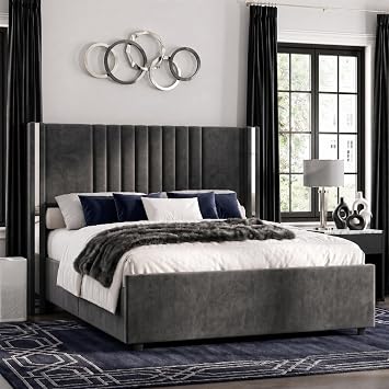 Full Size Bed Frame with Headboard, Velvet Upholstered Platform Bed, Grey